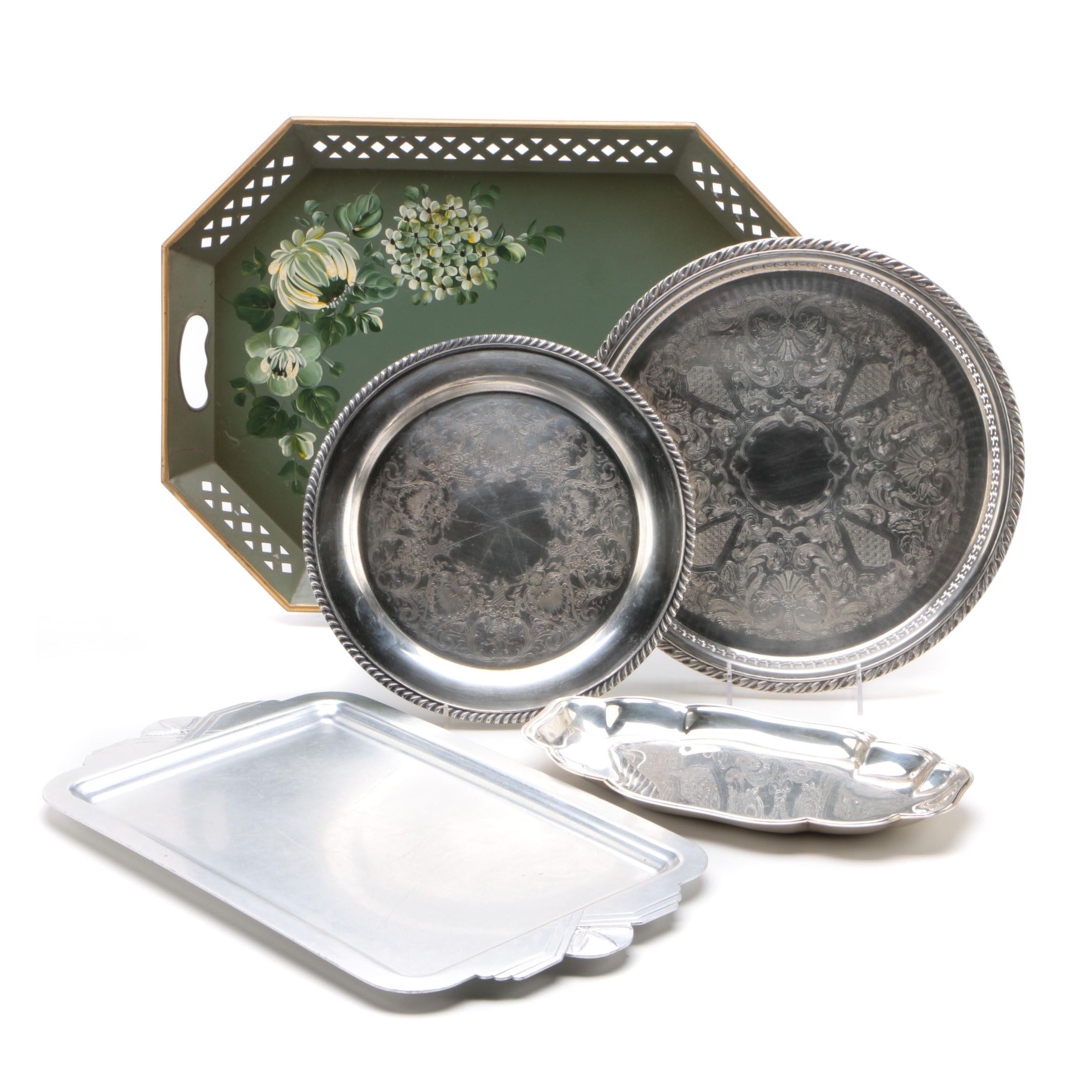 Nashco Tole Tray and Other Assorted Serving Trays Including Gorham