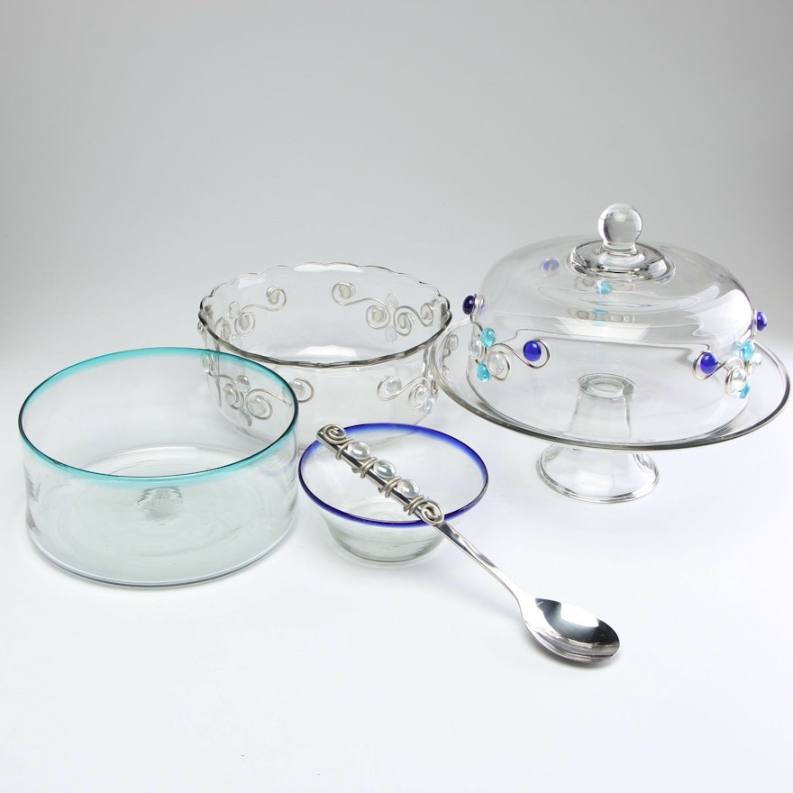 Art Glass Serving Bowls and Cake Stand