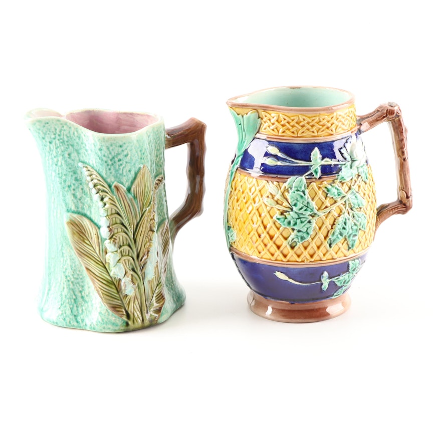 Majolica Pitchers with Open Rose and Lily of the Valley Decoration, 19th Century