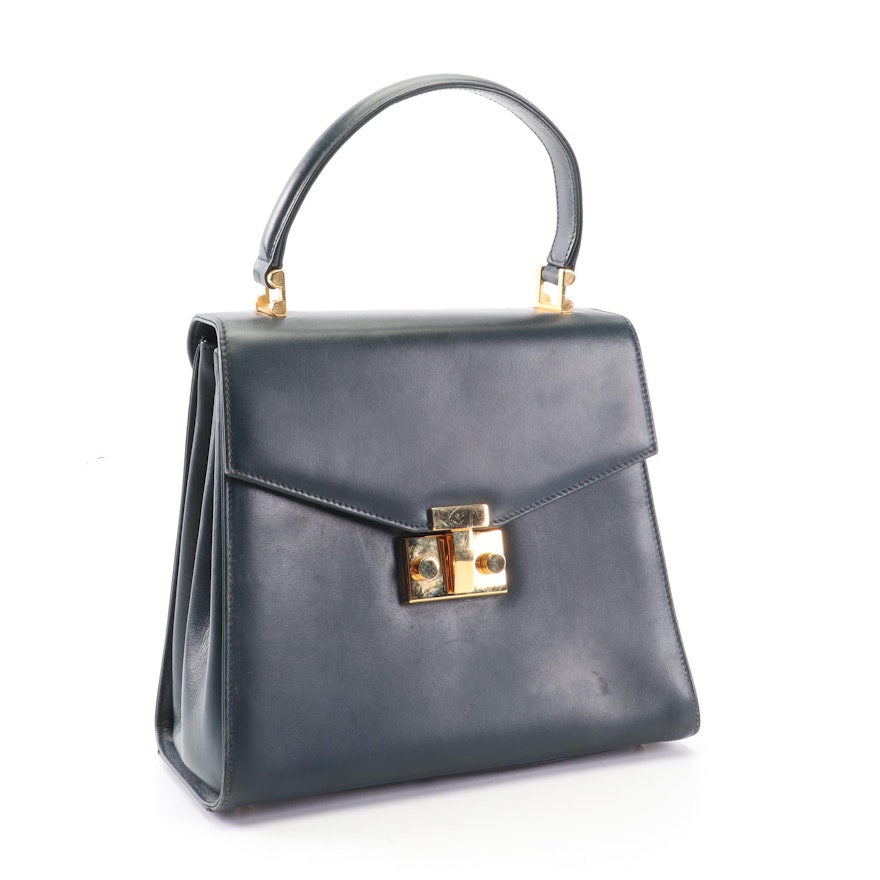 Tiffany & Co. Navy Blue Leather Flap Front Top Handle Handbag