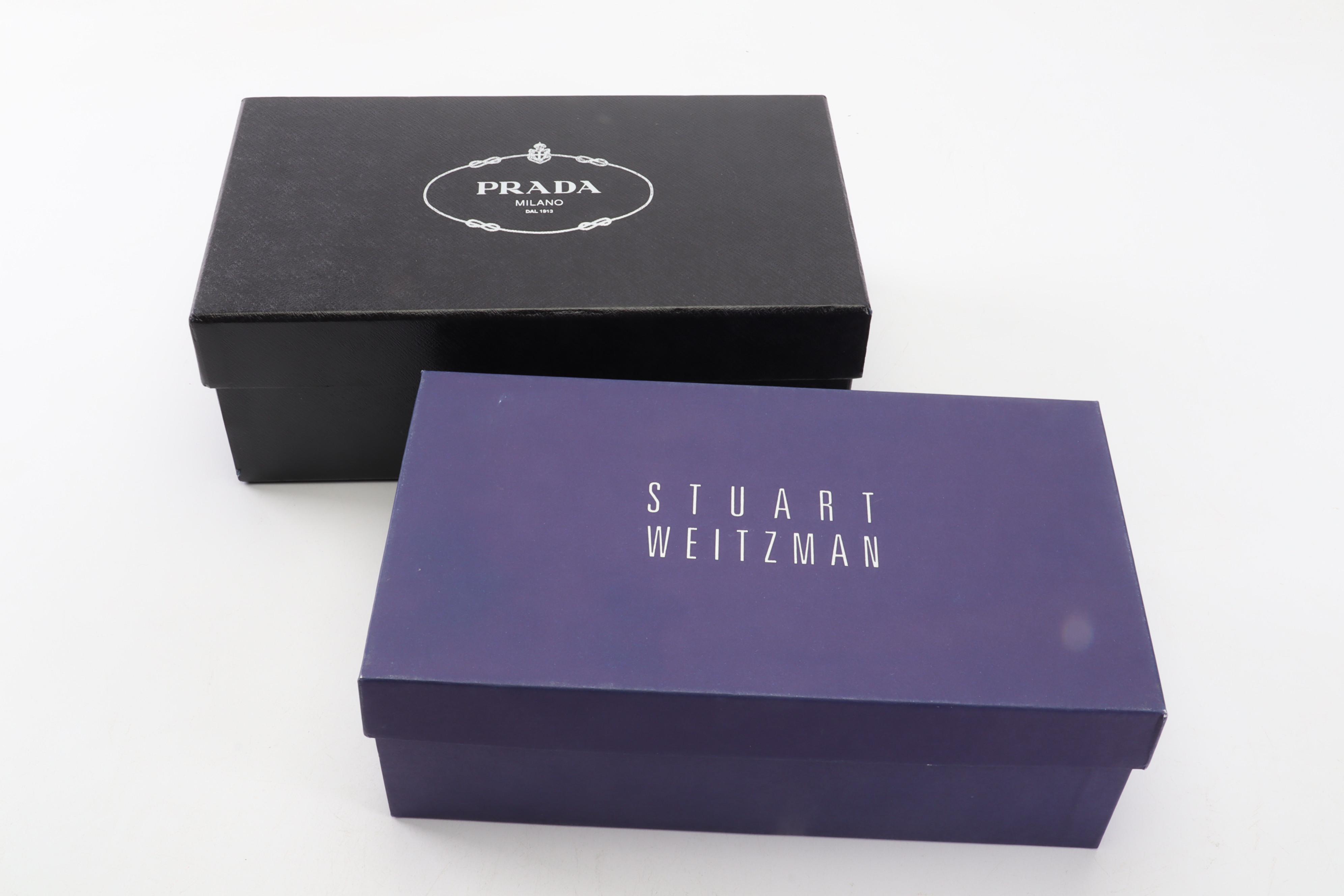 Prada Taffetas Glamour Pumps and Stuart Weitzman Snakeskin Embossed Strap Heels