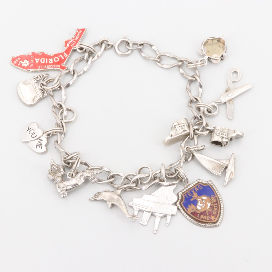 Vintage Sterling Enamel Charm Bracelet Including Heart "You Me", Music and Dog