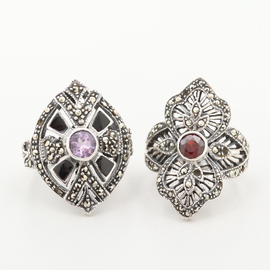 Sterling Silver Amethyst, Garnet and Marcasite Rings