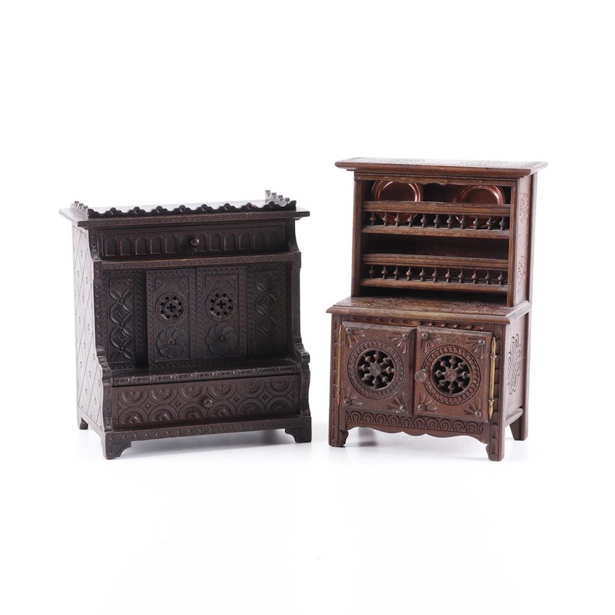 French Breton Carved Oak Doll Cabinet and Hutch, circa 1900