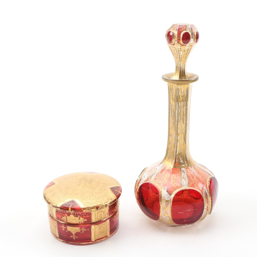 Bohemian Ruby Flashed and Gilt Glass Perfume Decanter and Powder Box