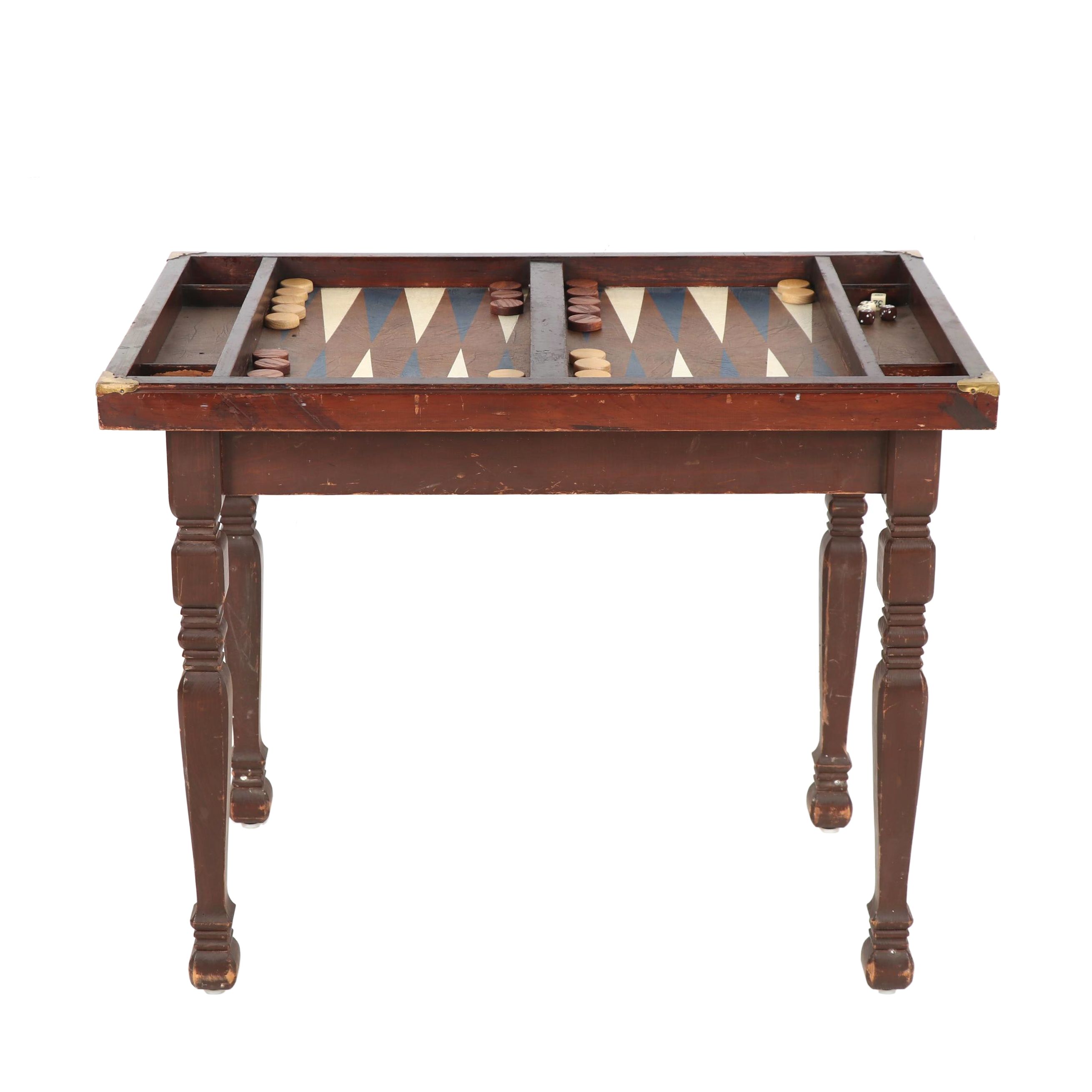 Wooden Backgammon Game Table with Game Pieces, Mid-Century