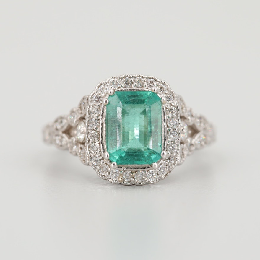 18K White Gold 1.37 CT Emerald and Diamond Ring