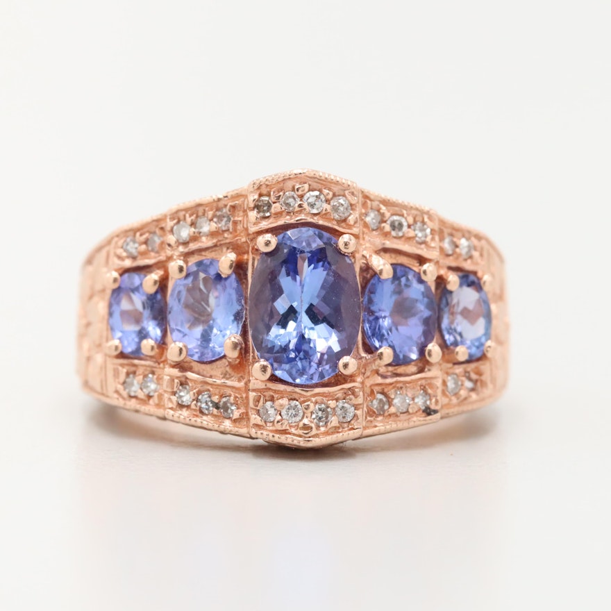 14K Rose Gold Tanzanite and Diamond Ring with Floral Motif