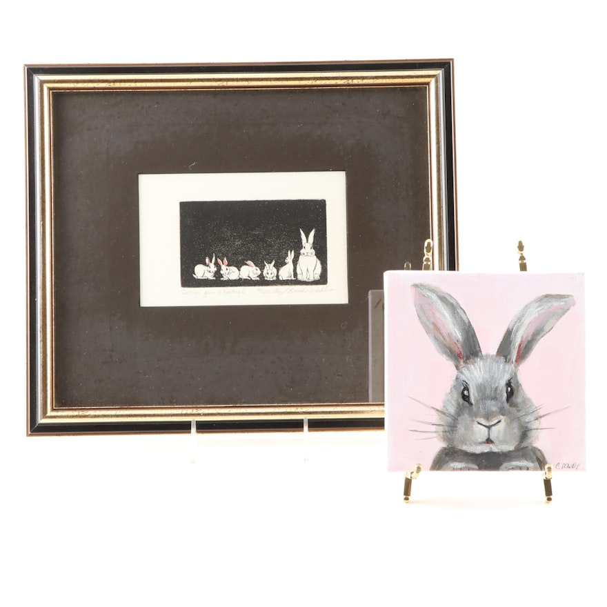 Cheryl Brooks Werkheiser Etching and Christina Dowdy "Rabbit" Painting