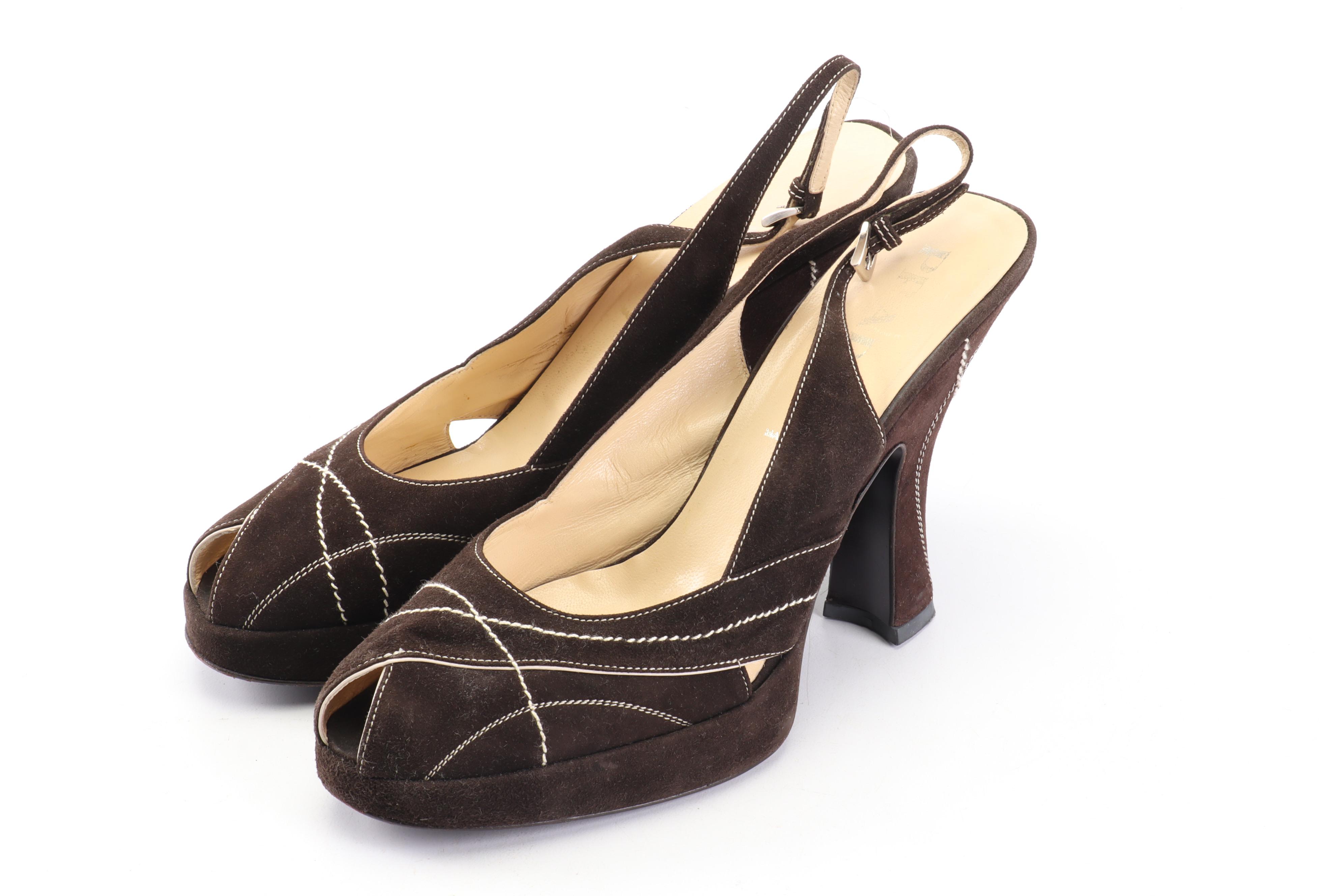 Prada Brown Suede d'Orsay Heels and Peep-Toe High Heel Slingbacks