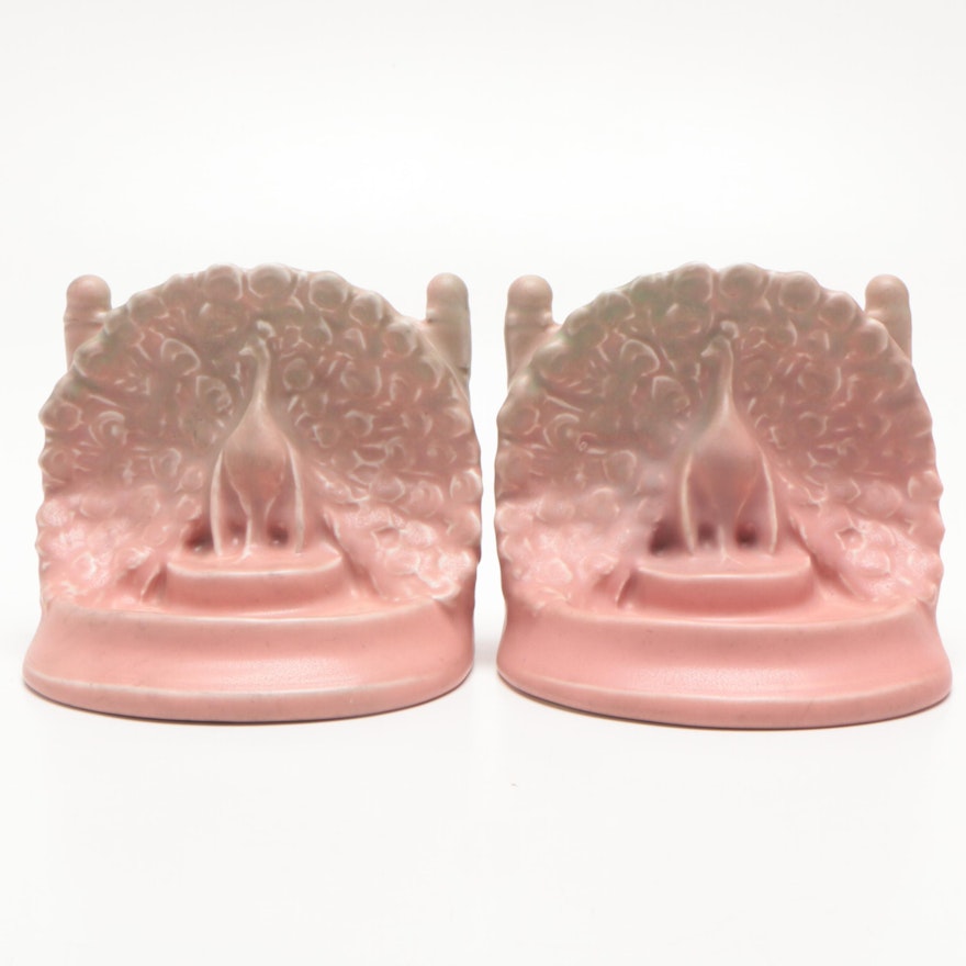 Rookwood Pottery Matte Pink Peacock Bookends, 1930