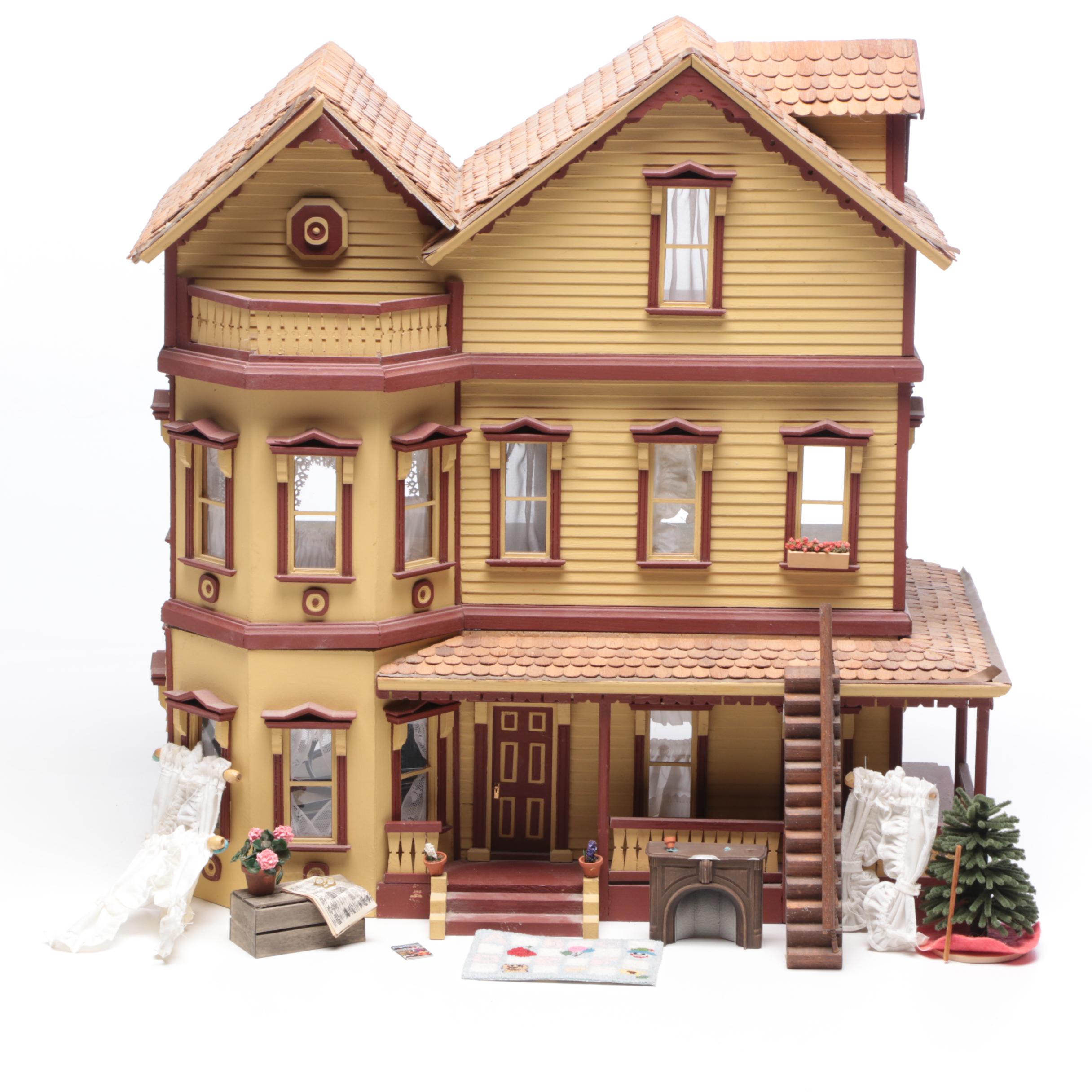 Handmade Wooden Dollhouse with Accessories, 1980s