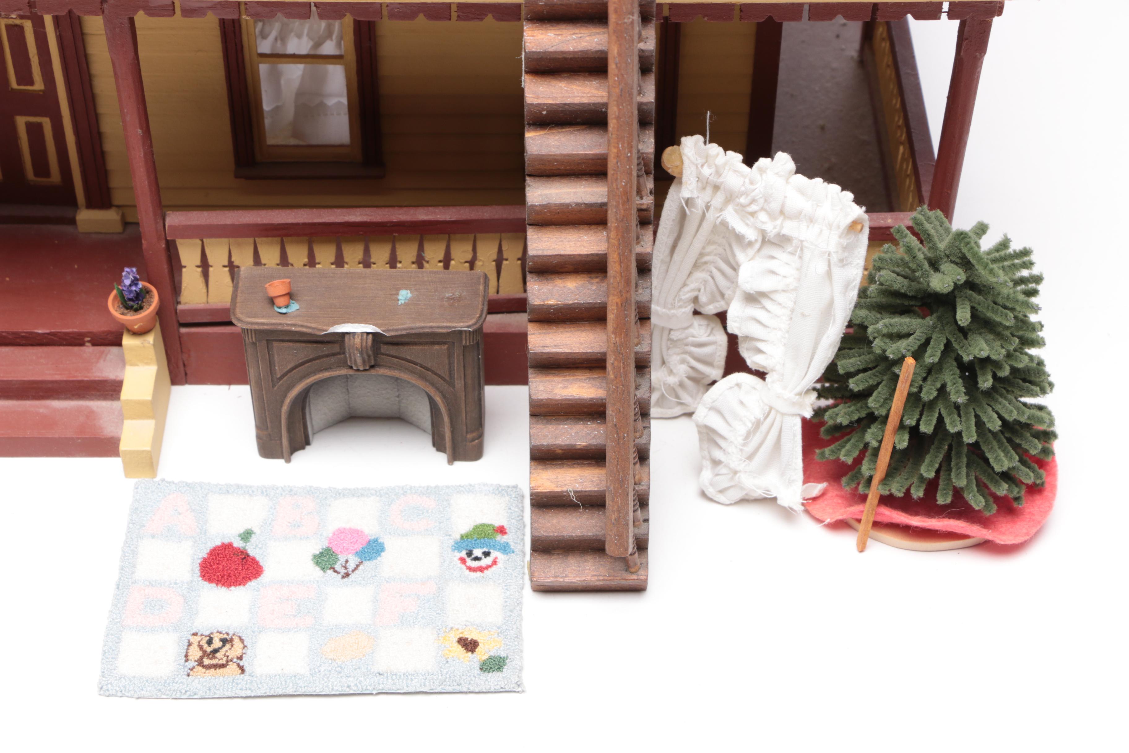 Handmade Wooden Dollhouse with Accessories, 1980s