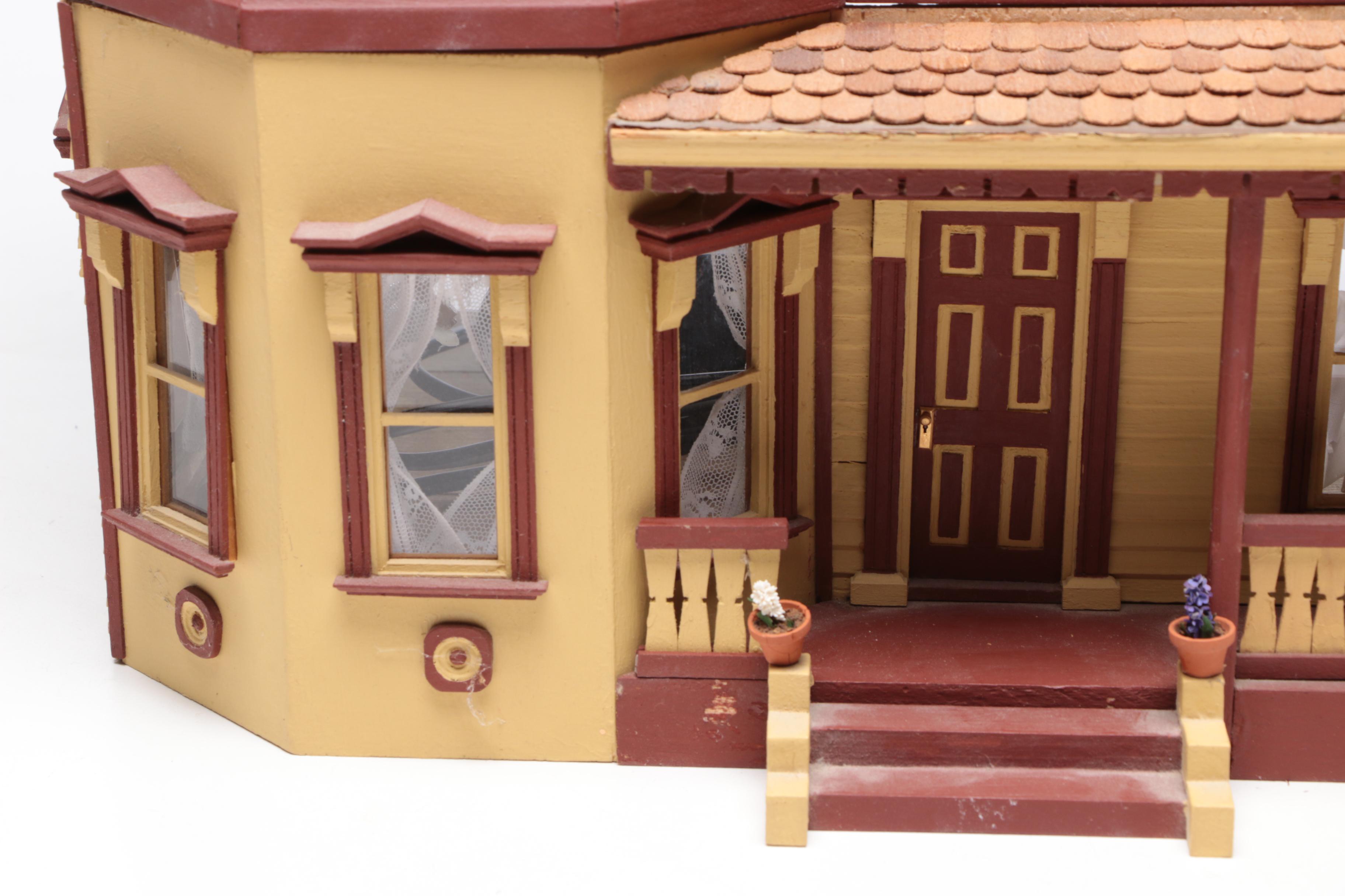 Handmade Wooden Dollhouse with Accessories, 1980s