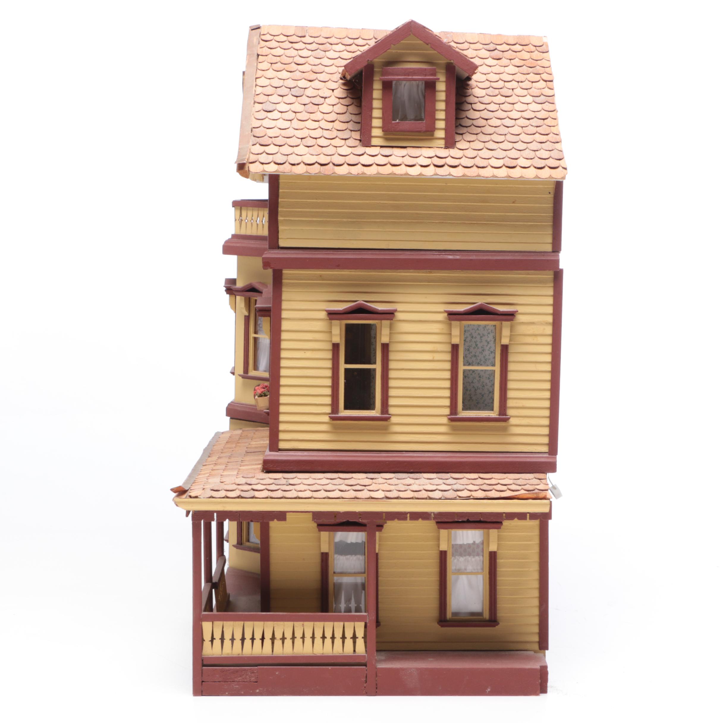 Handmade Wooden Dollhouse with Accessories, 1980s