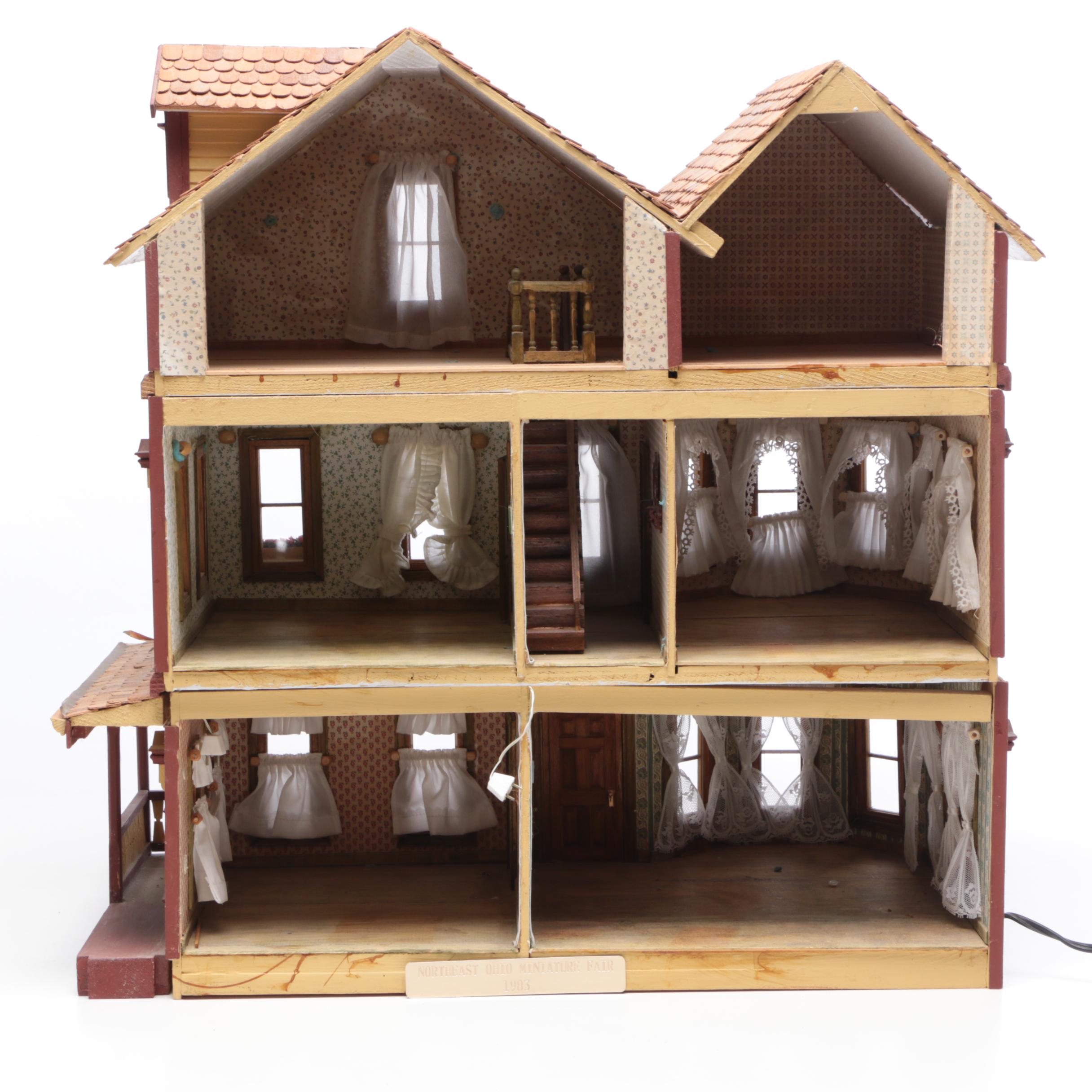 Handmade Wooden Dollhouse with Accessories, 1980s