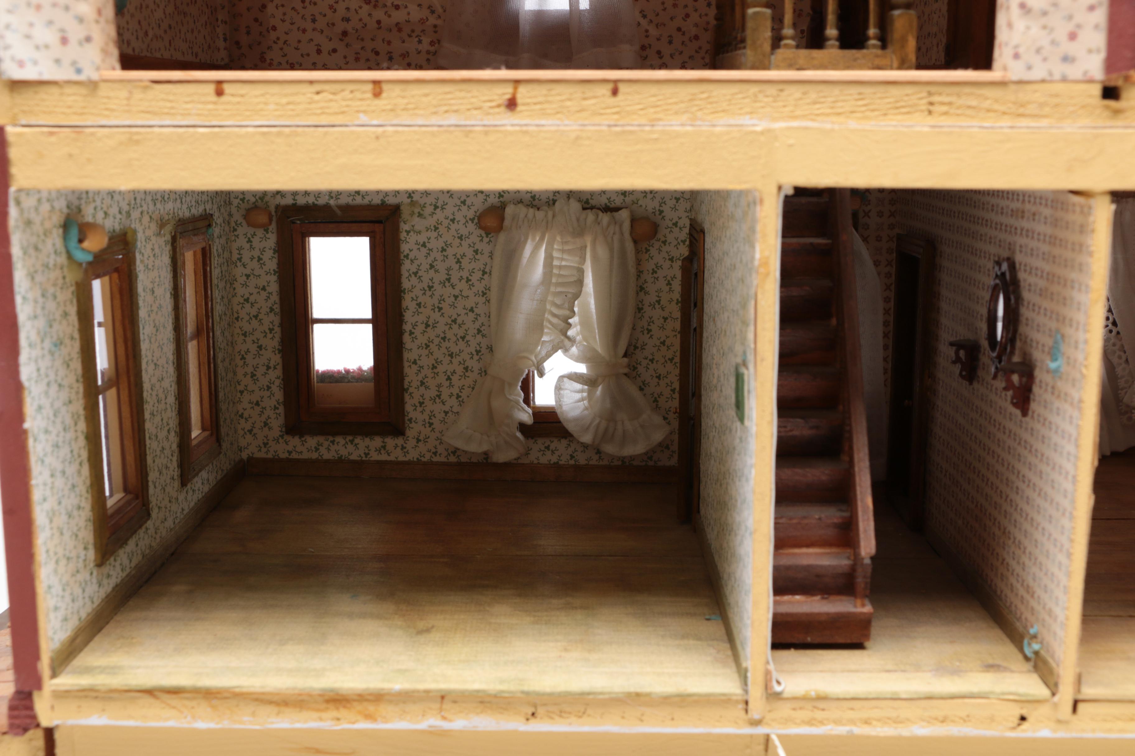 Handmade Wooden Dollhouse with Accessories, 1980s