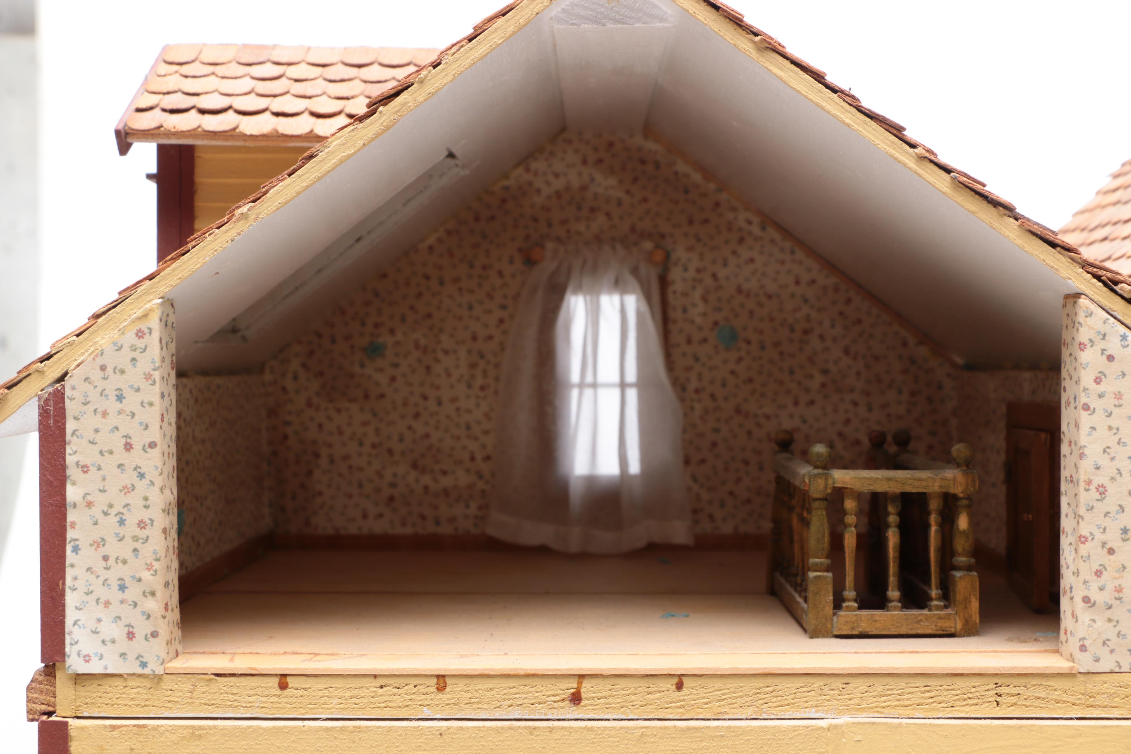 Handmade Wooden Dollhouse with Accessories, 1980s