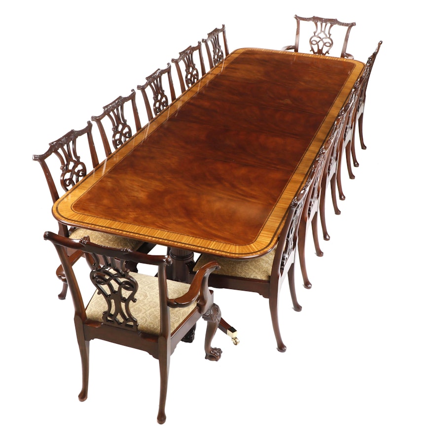 Baker Regency Satinwood Crossbanded Mahogany Table with 12 Chairs