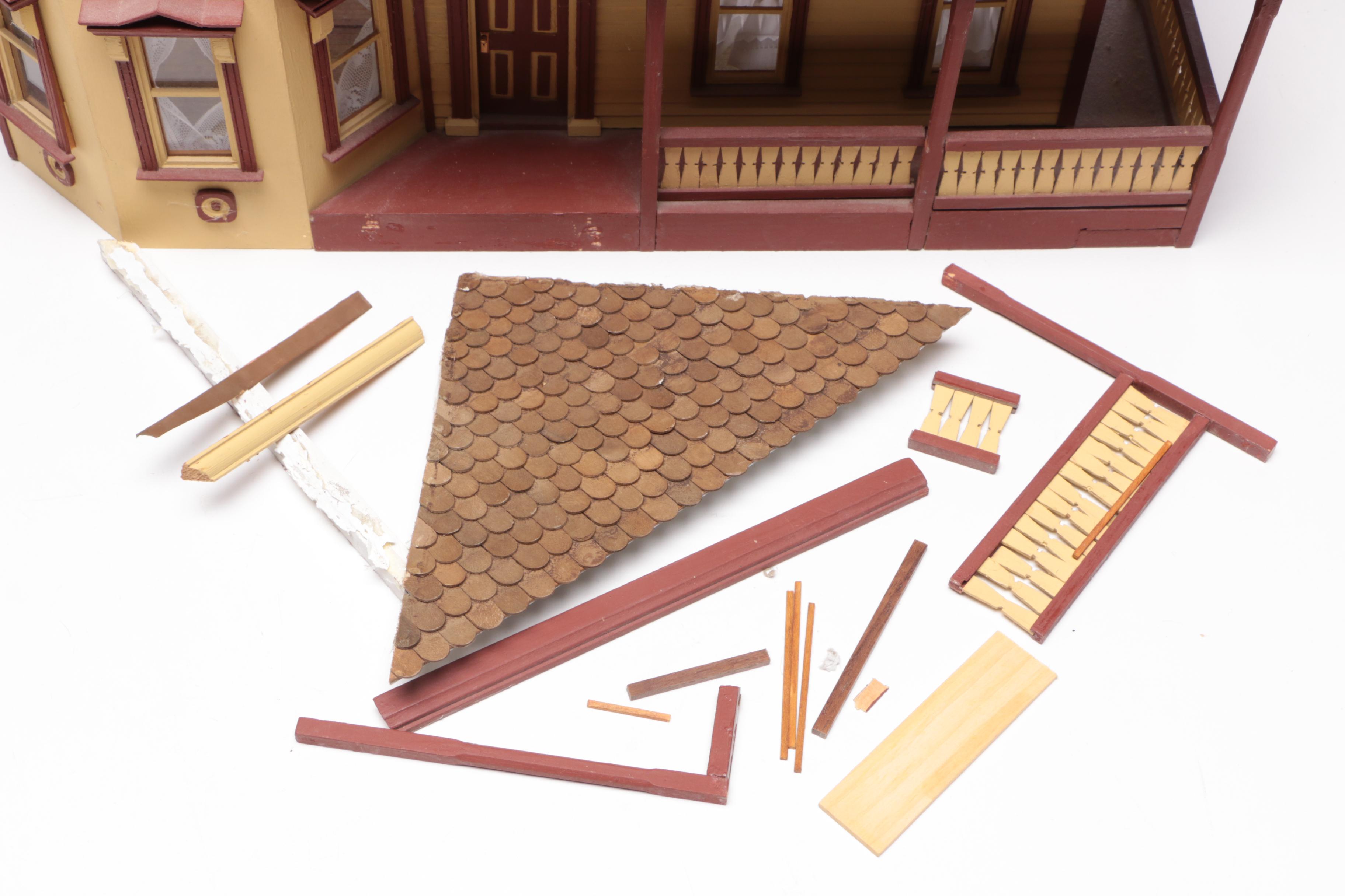 Handmade Wooden Dollhouse with Accessories, 1980s