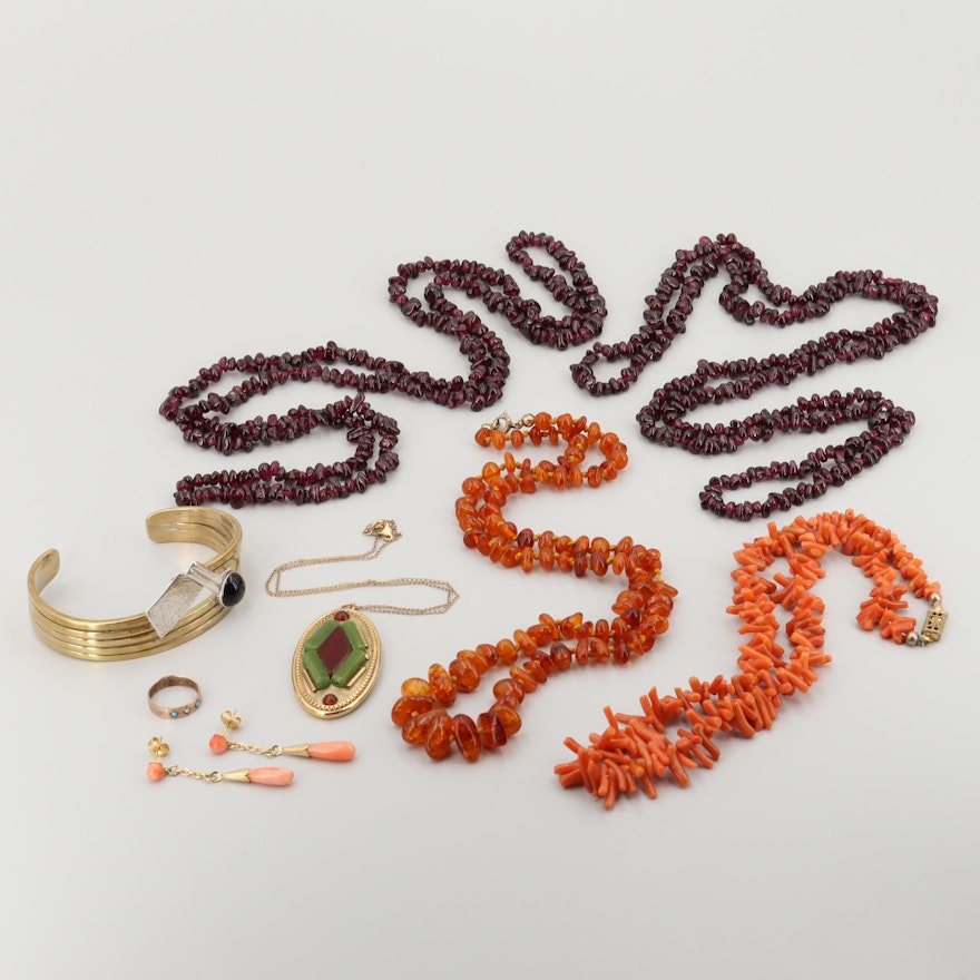 Assorted Jewelry Featuring Vintage Hall McFall Bracelet, Coral and Amber