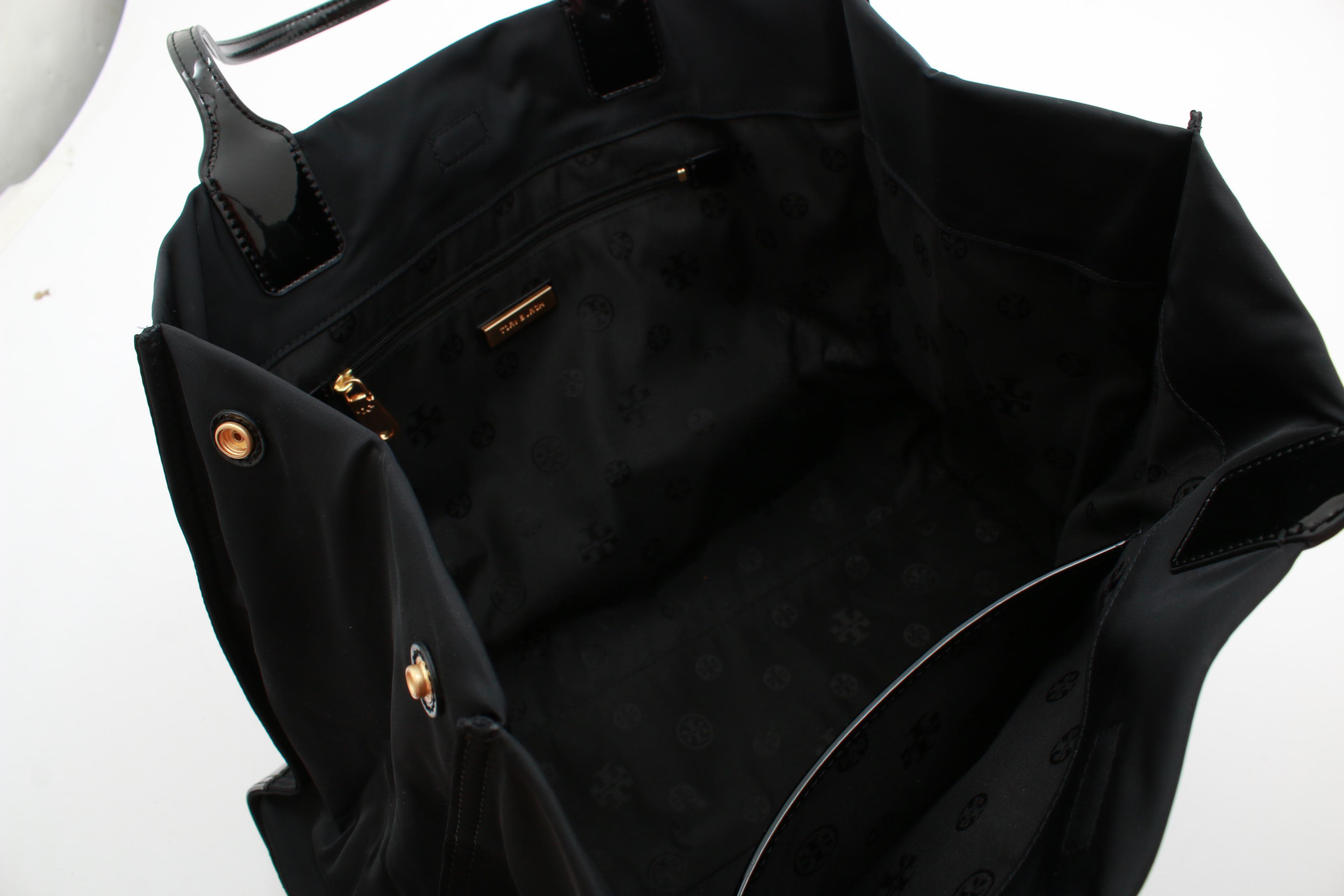 Tory Burch Black Patent Leather and Nylon Tote