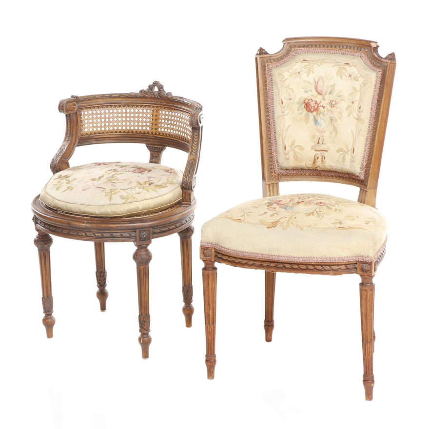 Pair of Louis XVI Style Carved Wood, Needlepoint Upholstered Chairs, 20th c