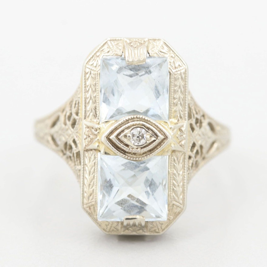 Ostby & Barton Art Deco 14K White Gold Aquamarine and Diamond Ring