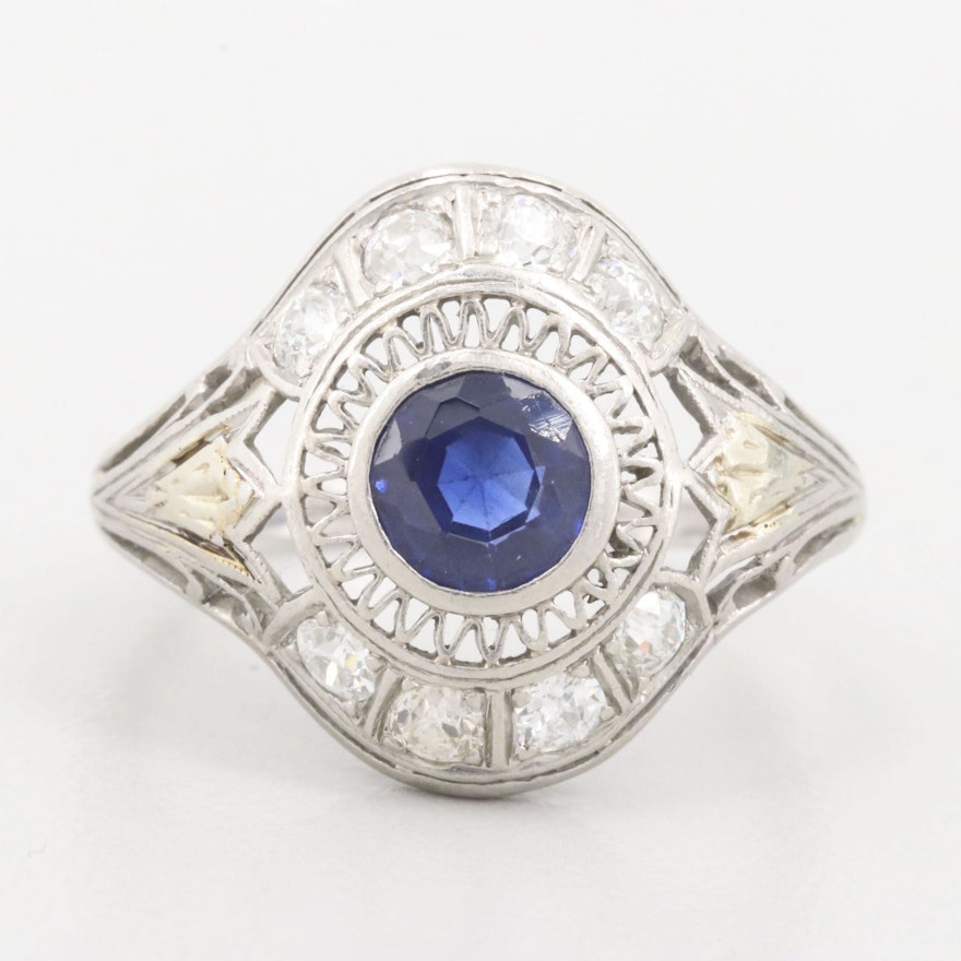 Edwardian Platinum Synthetic Sapphire and Diamond Ring