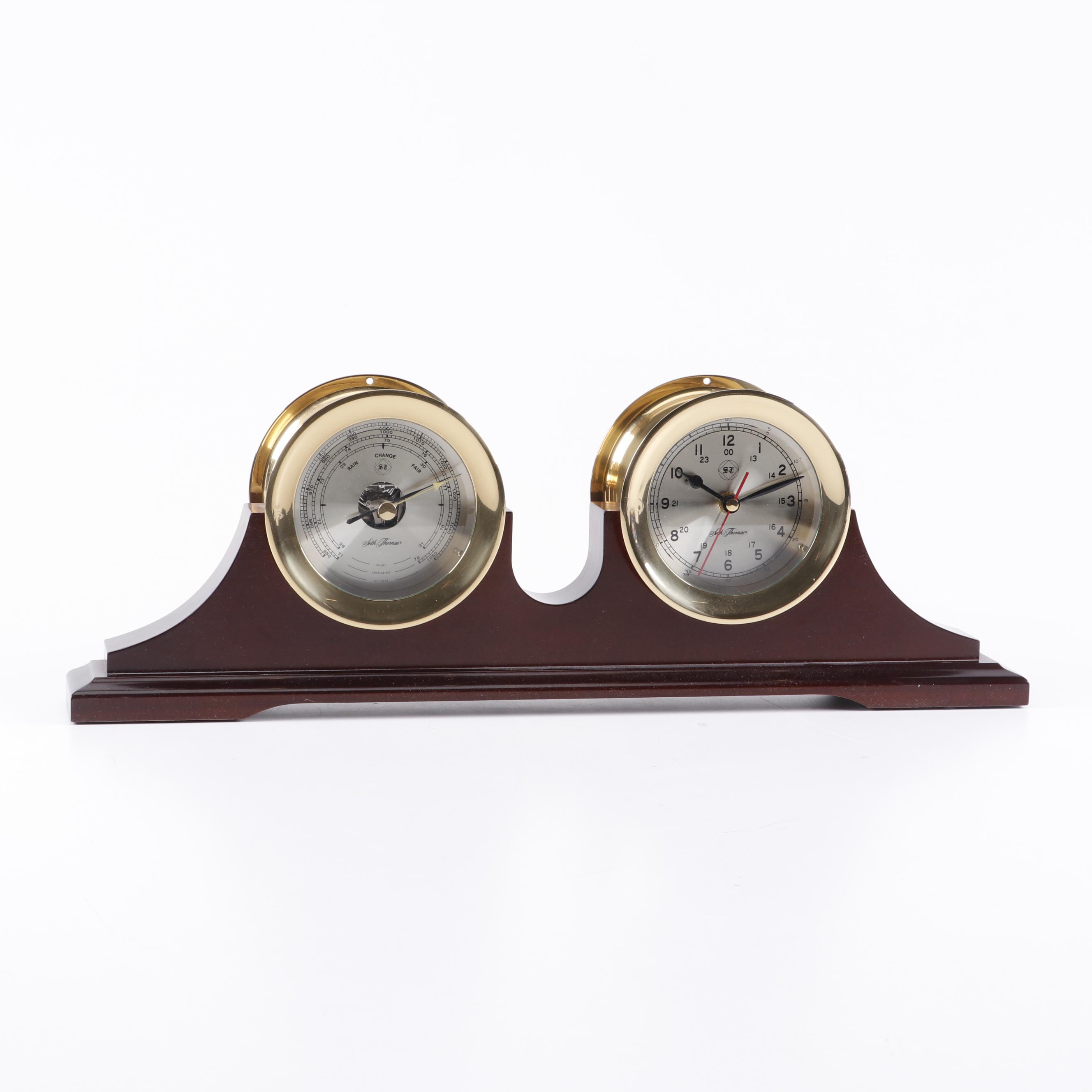Seth Thomas "Charleston" Brass Ship's Clock and Barometer Set on Mahogany Stand