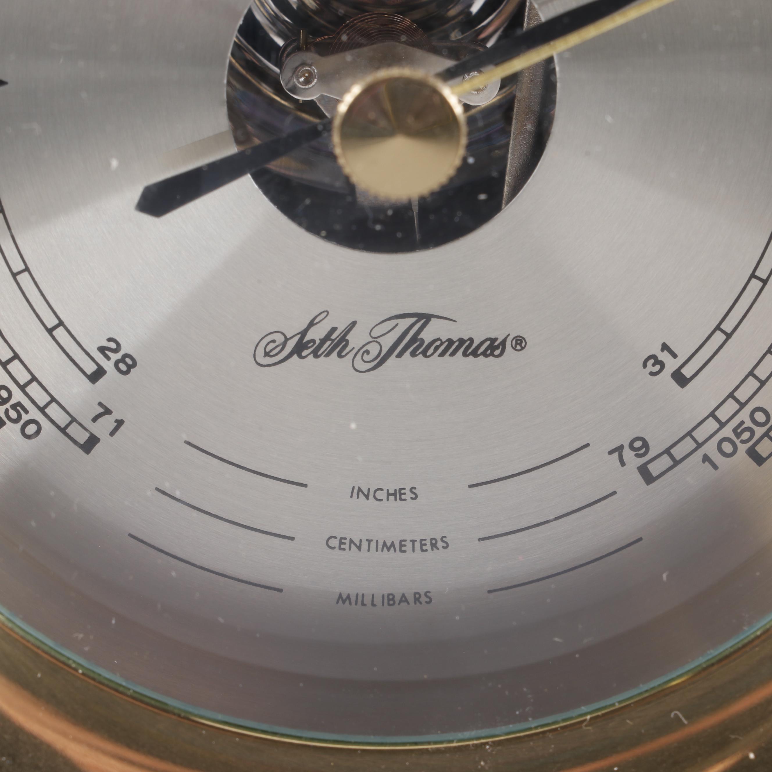 Seth Thomas "Charleston" Brass Ship's Clock and Barometer Set on Mahogany Stand