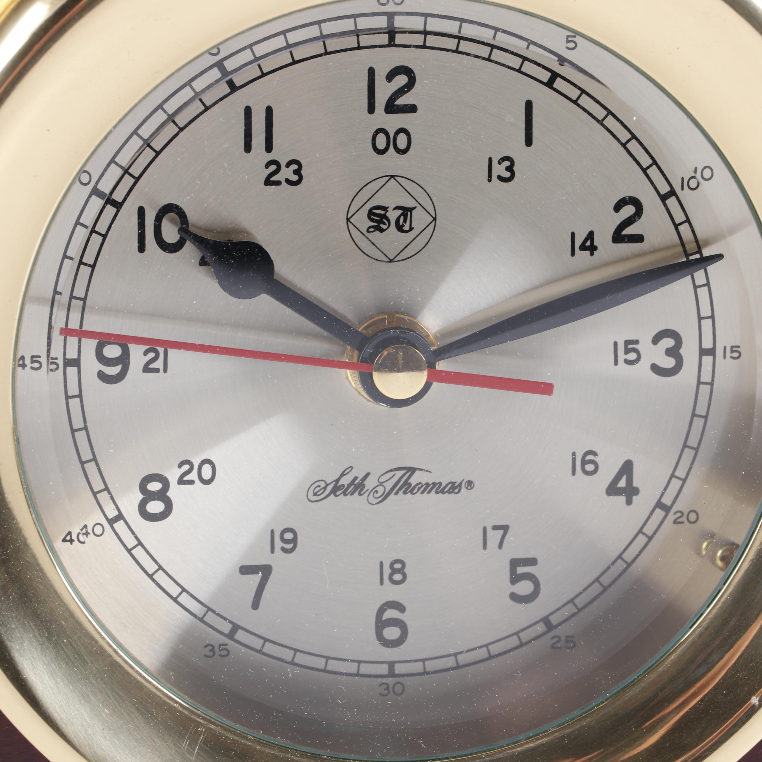 Seth Thomas "Charleston" Brass Ship's Clock and Barometer Set on Mahogany Stand