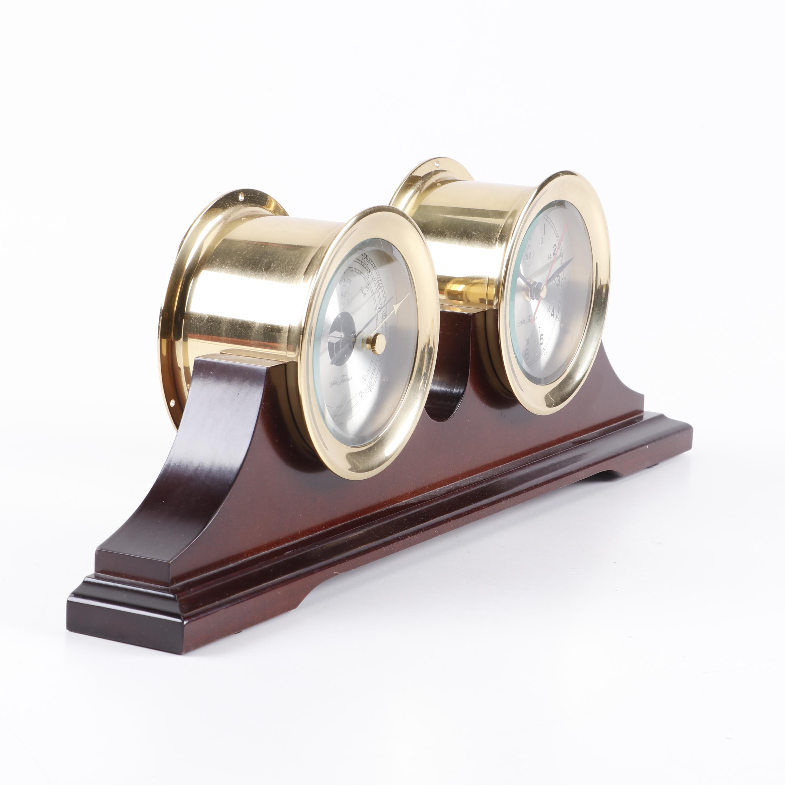 Seth Thomas "Charleston" Brass Ship's Clock and Barometer Set on Mahogany Stand
