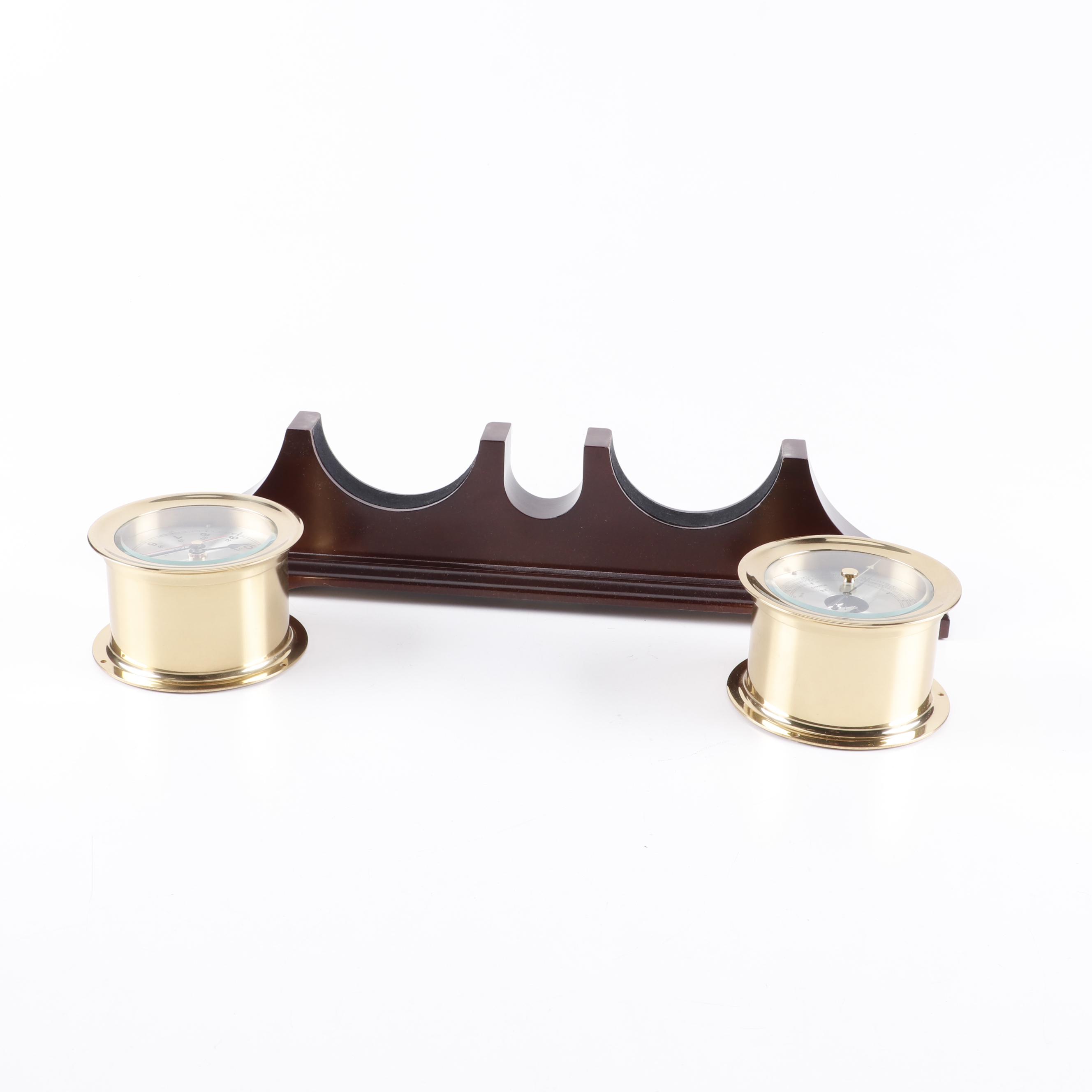 Seth Thomas "Charleston" Brass Ship's Clock and Barometer Set on Mahogany Stand