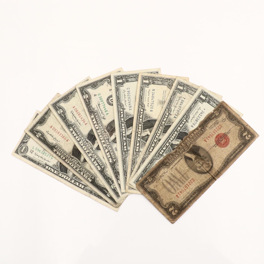 Nine U.S. Currency Notes Featuring Four Two Dollar Notes Ranging from 1928-1976