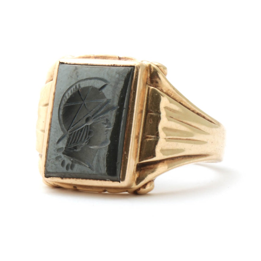 10K Yellow Gold Reverse Carved Cameo Hematite Ring