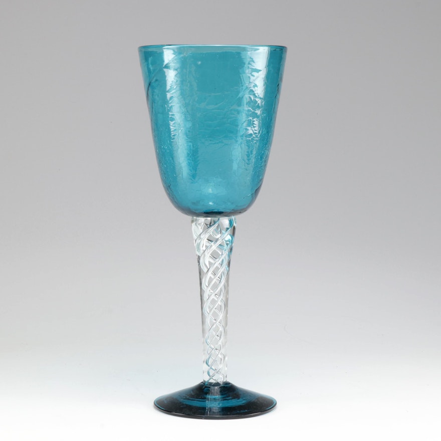 Winslow Anderson for Blenko Oversize Blue Crackle Goblet, Mid-Century