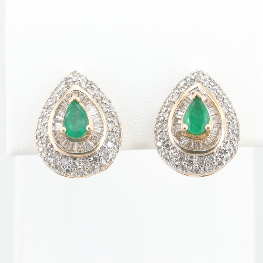 14K Yellow Gold Emerald and 1.10 CTW Diamond Earrings
