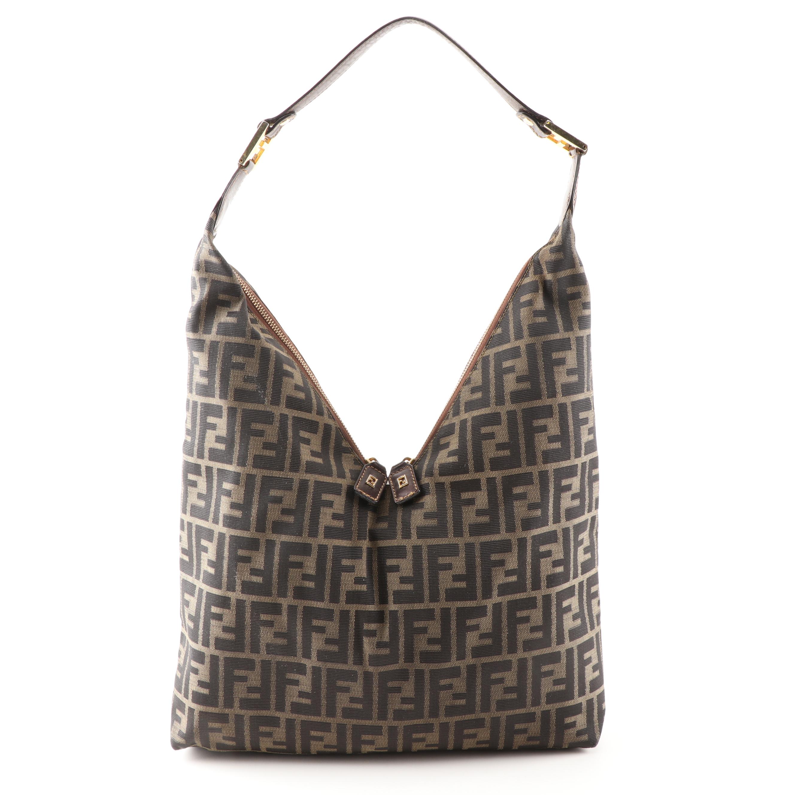 Fendi Zucca Canvas V-Zip Handbag Trimmed in Brown Leather