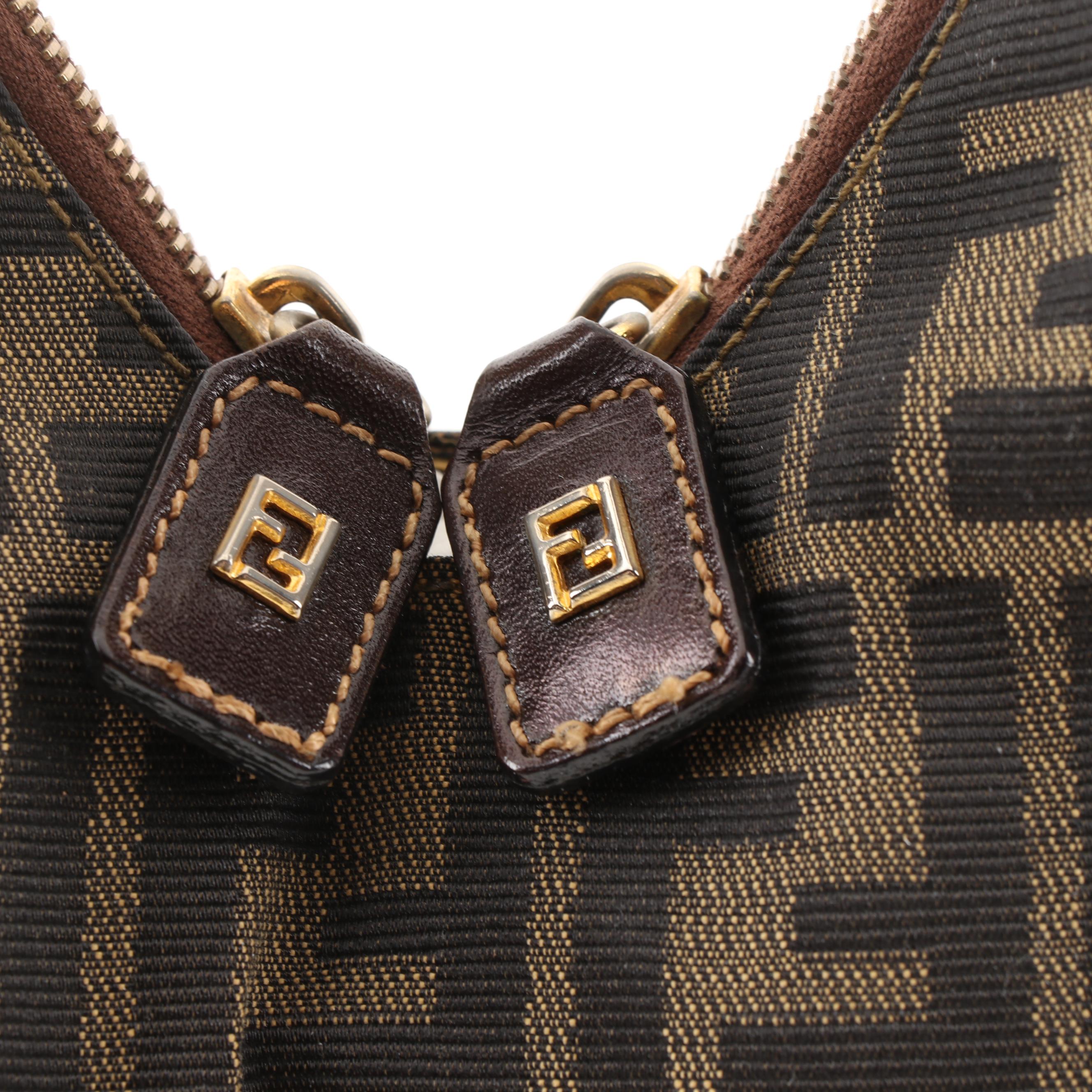Fendi Zucca Canvas V-Zip Handbag Trimmed in Brown Leather