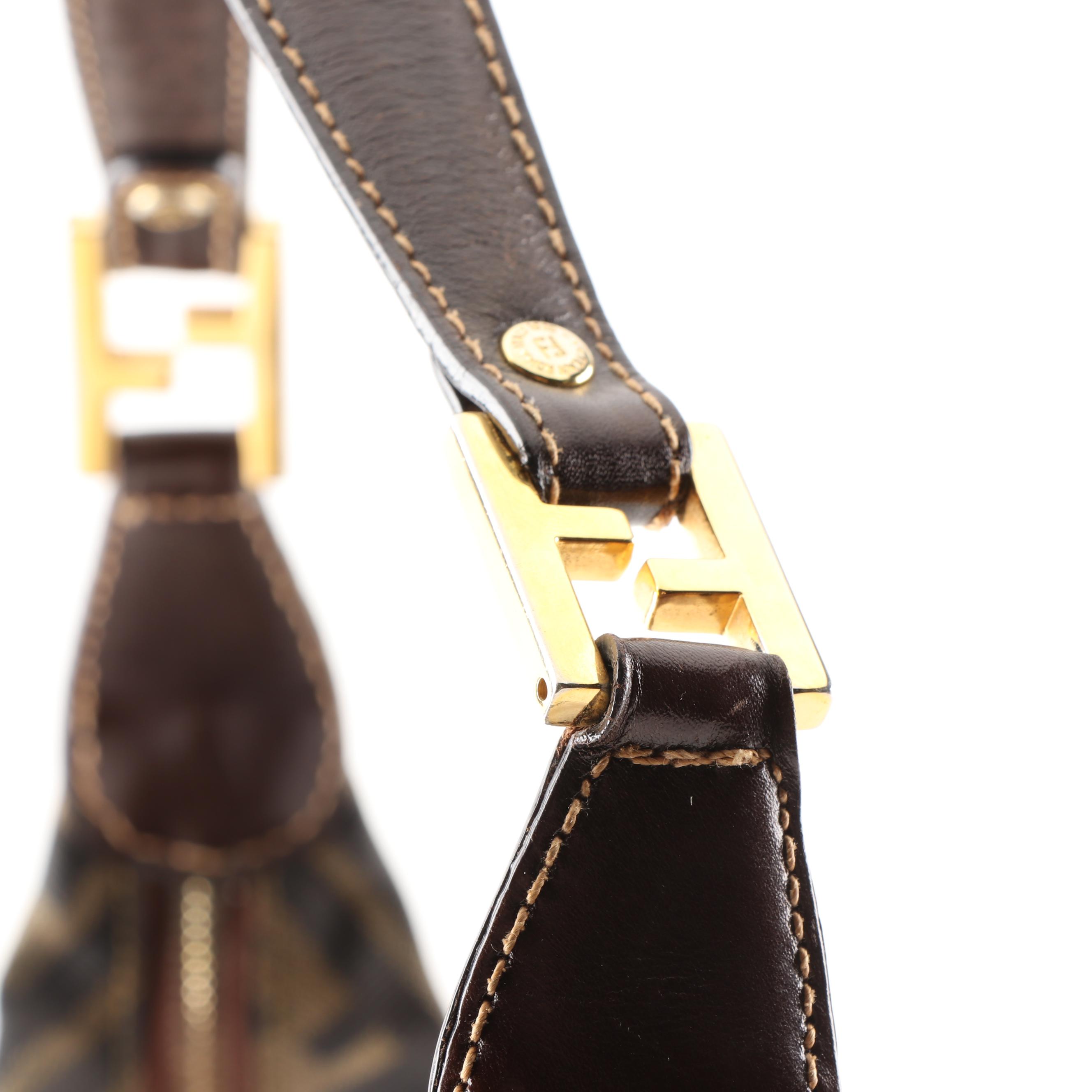 Fendi Zucca Canvas V-Zip Handbag Trimmed in Brown Leather