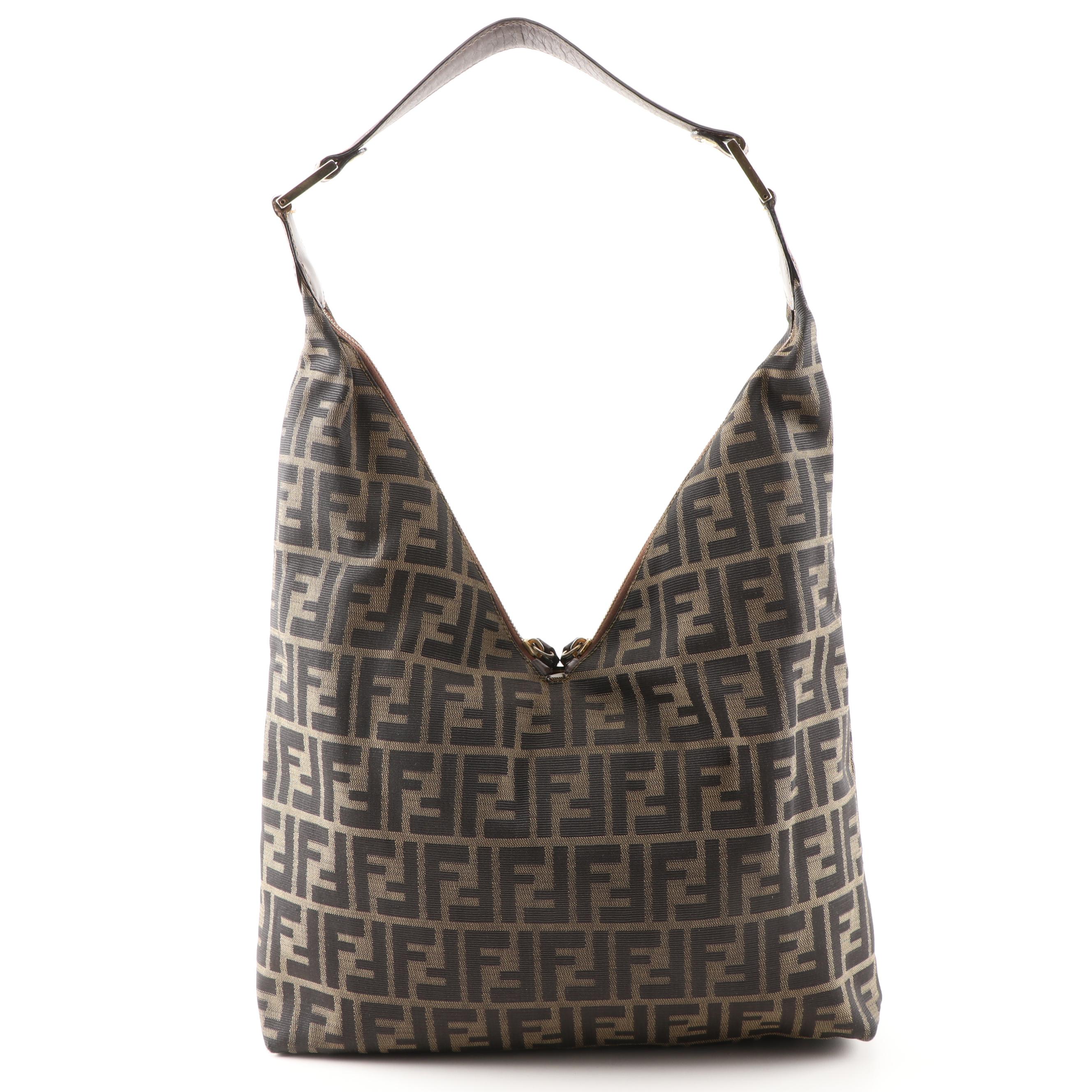 Fendi Zucca Canvas V-Zip Handbag Trimmed in Brown Leather