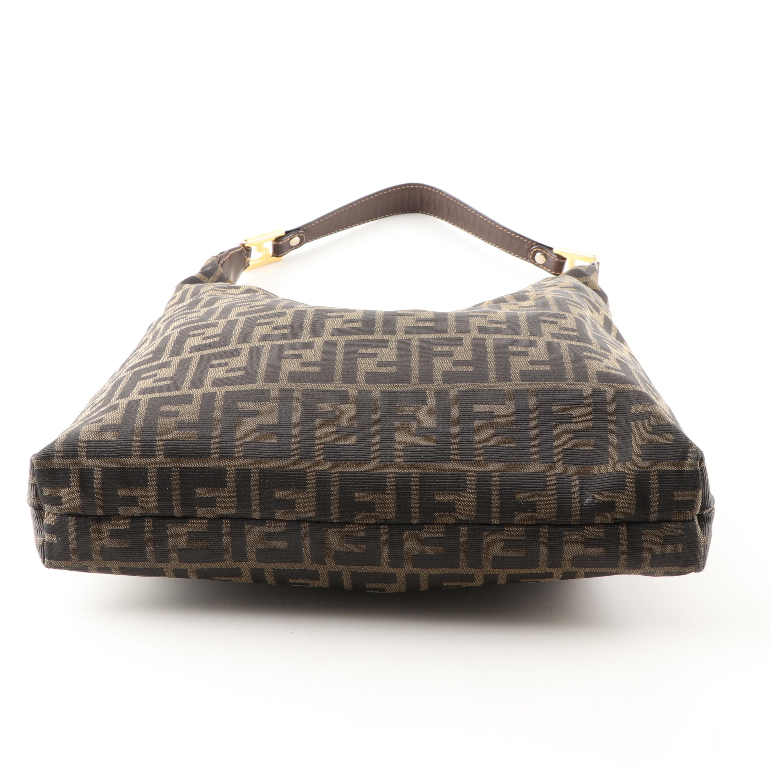 Fendi Zucca Canvas V-Zip Handbag Trimmed in Brown Leather