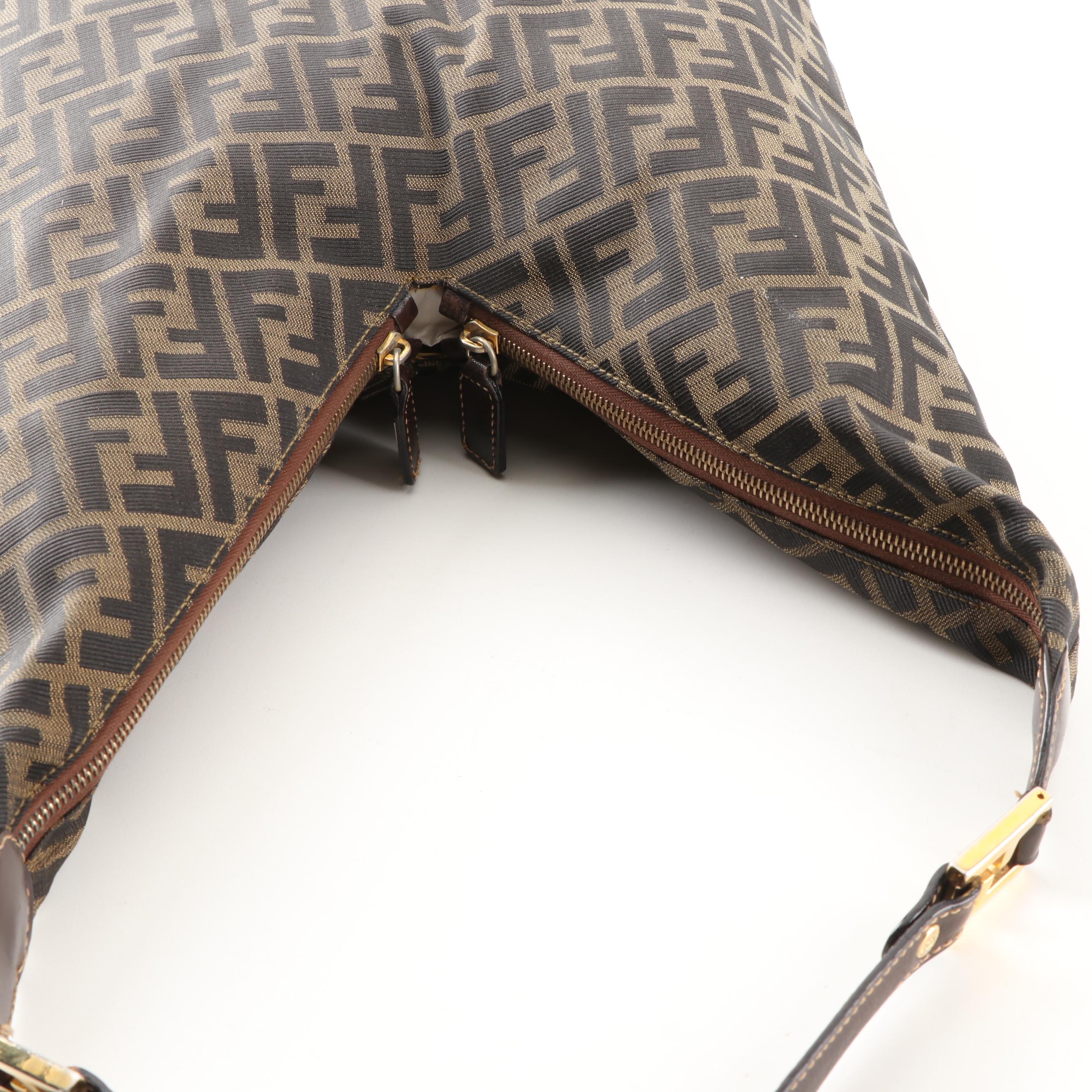 Fendi Zucca Canvas V-Zip Handbag Trimmed in Brown Leather