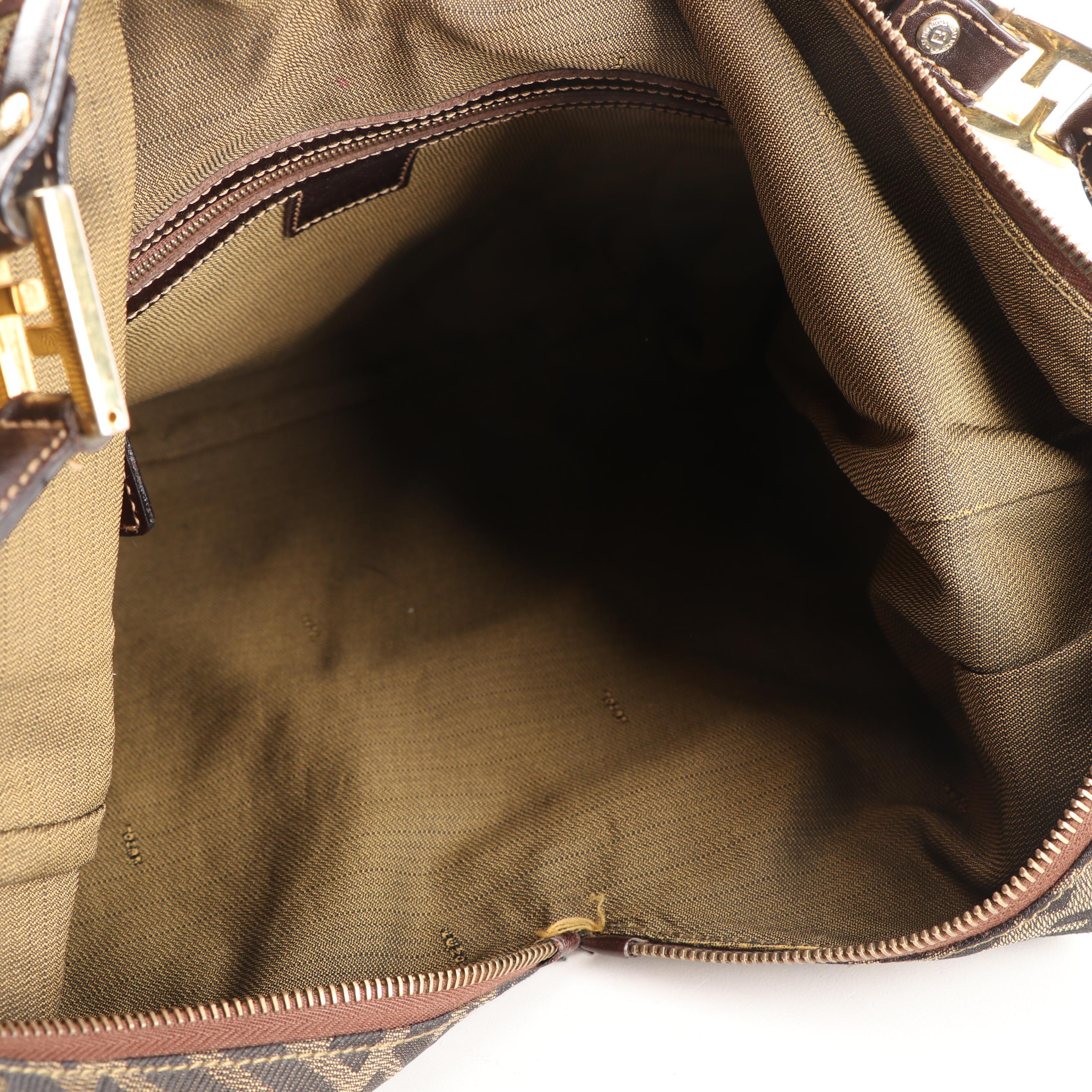 Fendi Zucca Canvas V-Zip Handbag Trimmed in Brown Leather
