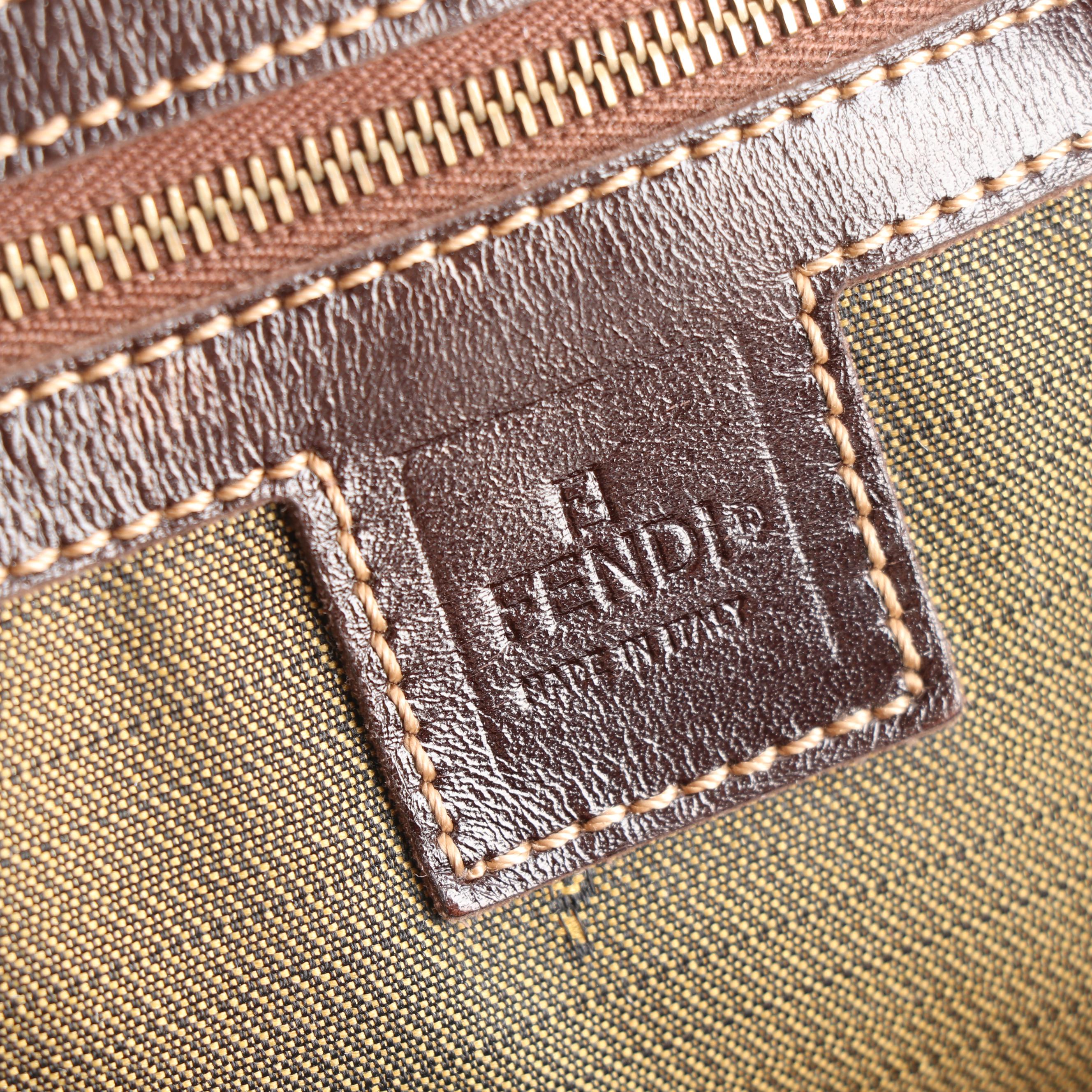 Fendi Zucca Canvas V-Zip Handbag Trimmed in Brown Leather