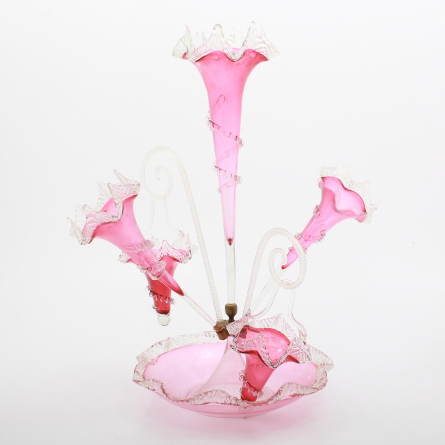 Antique Victorian Cranberry Glass Epergne Centerpiece, Circa 1880