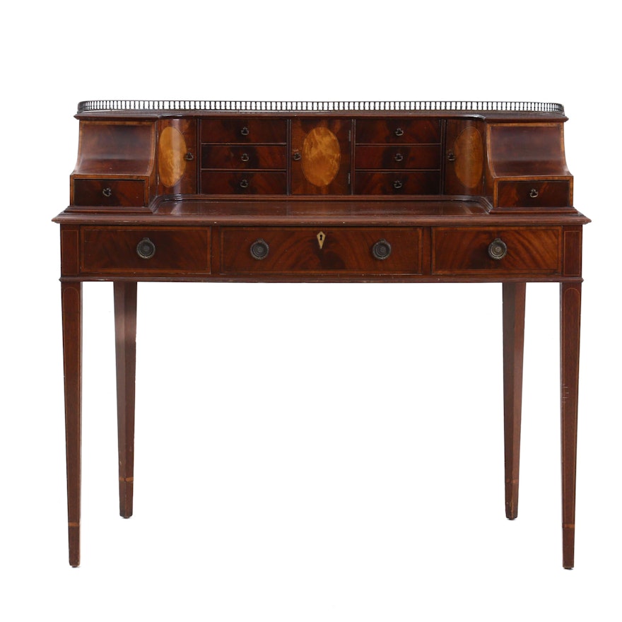 Hepplewhite Style Inlaid Mahogany Carlton Desk, Circa 1940s