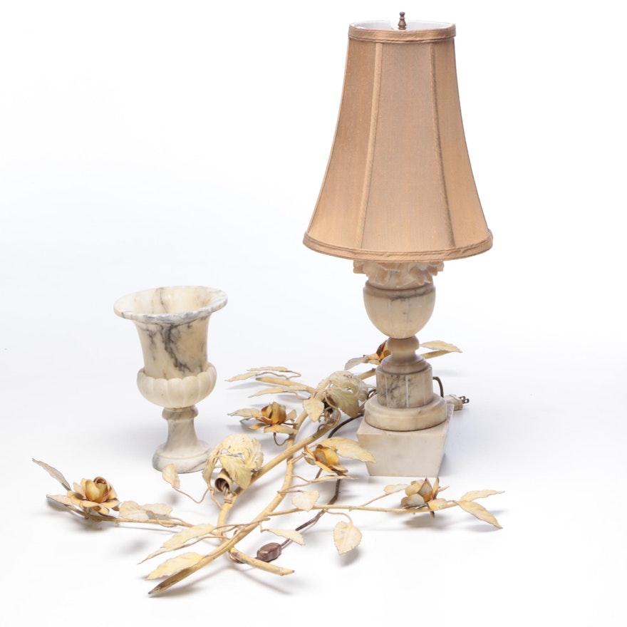 Tole Floral Wall Sconce, Carved Marble Lamp and Marble Urn, Mid to Late 20th C.