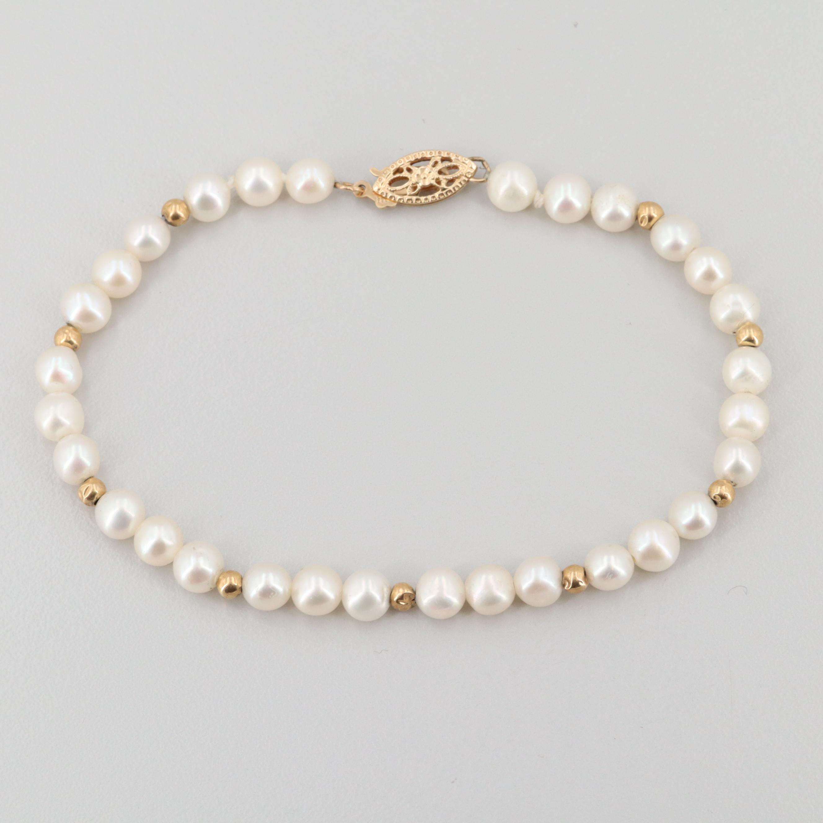 14K Yellow Gold Cultured Pearl Beaded Bracelet